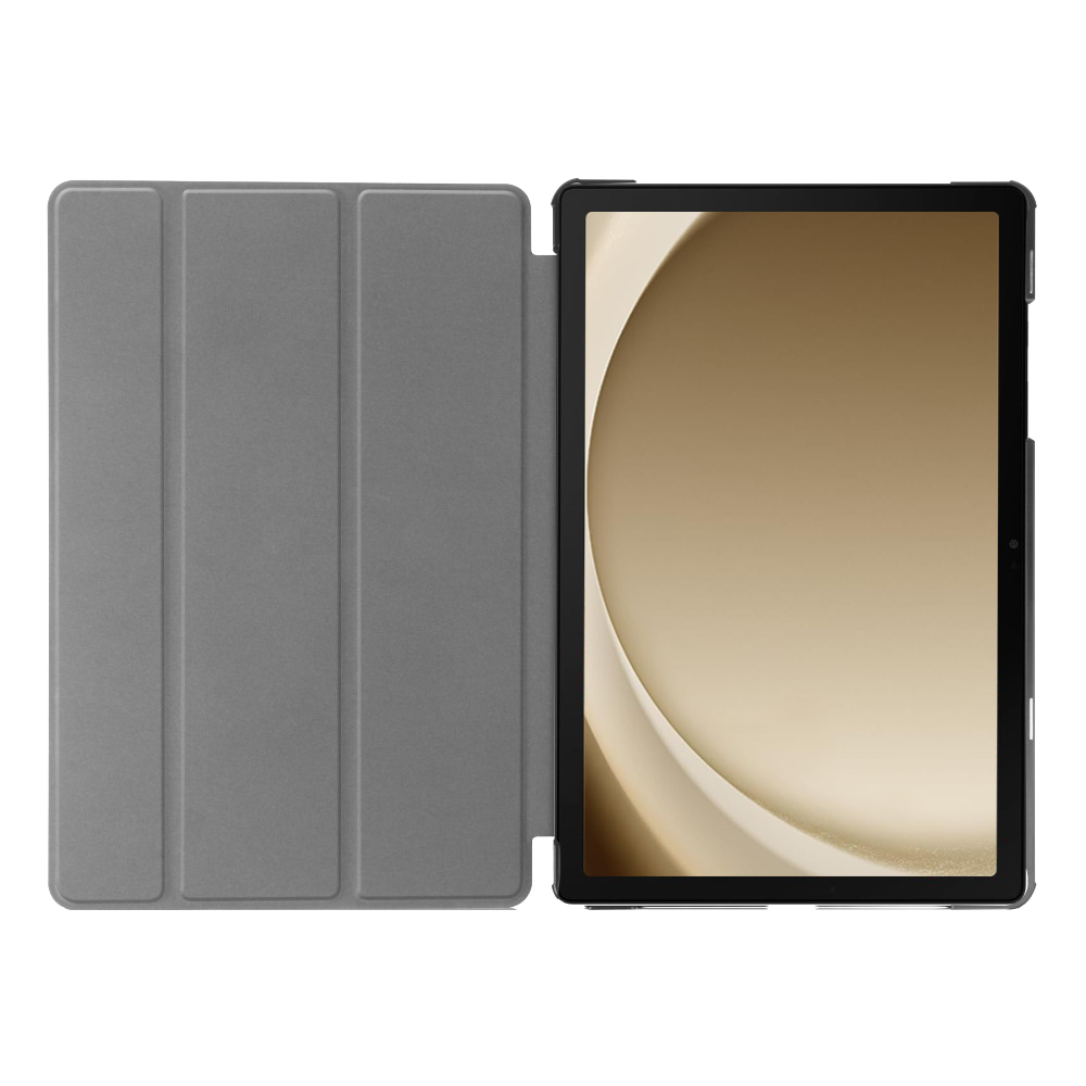 A grey tablet in a grey case with a gold screen.