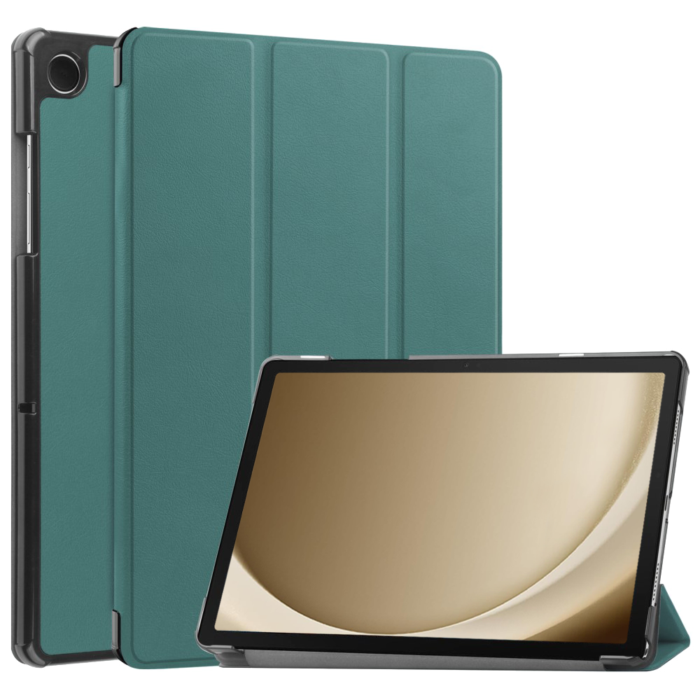 Teal tablet with a teal cover. The tablet is open and gold colored.
