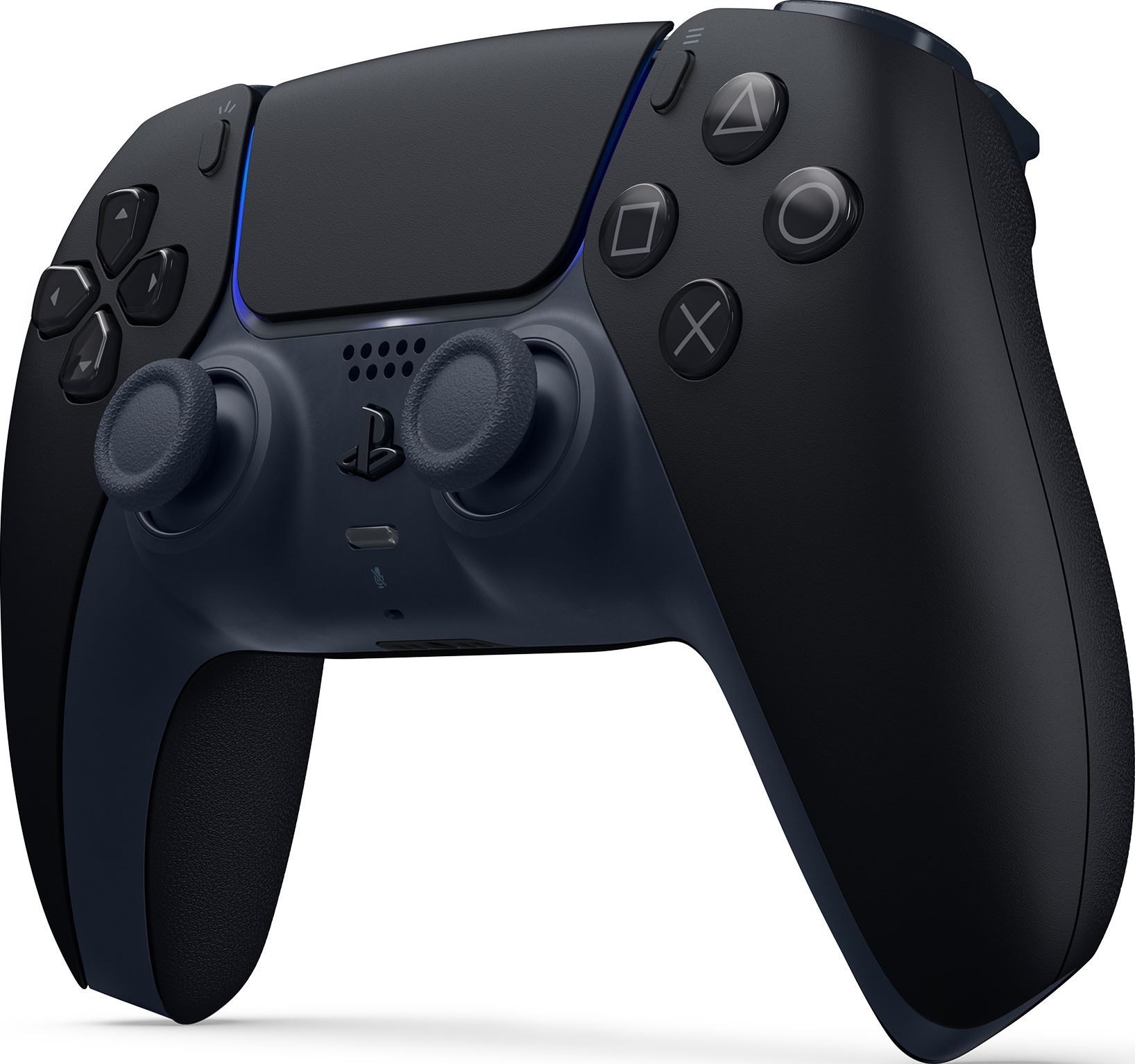 Un controller Playstation 5 nero e blu navy. Ha pulsanti e levette analogiche. Il controller è centrato.