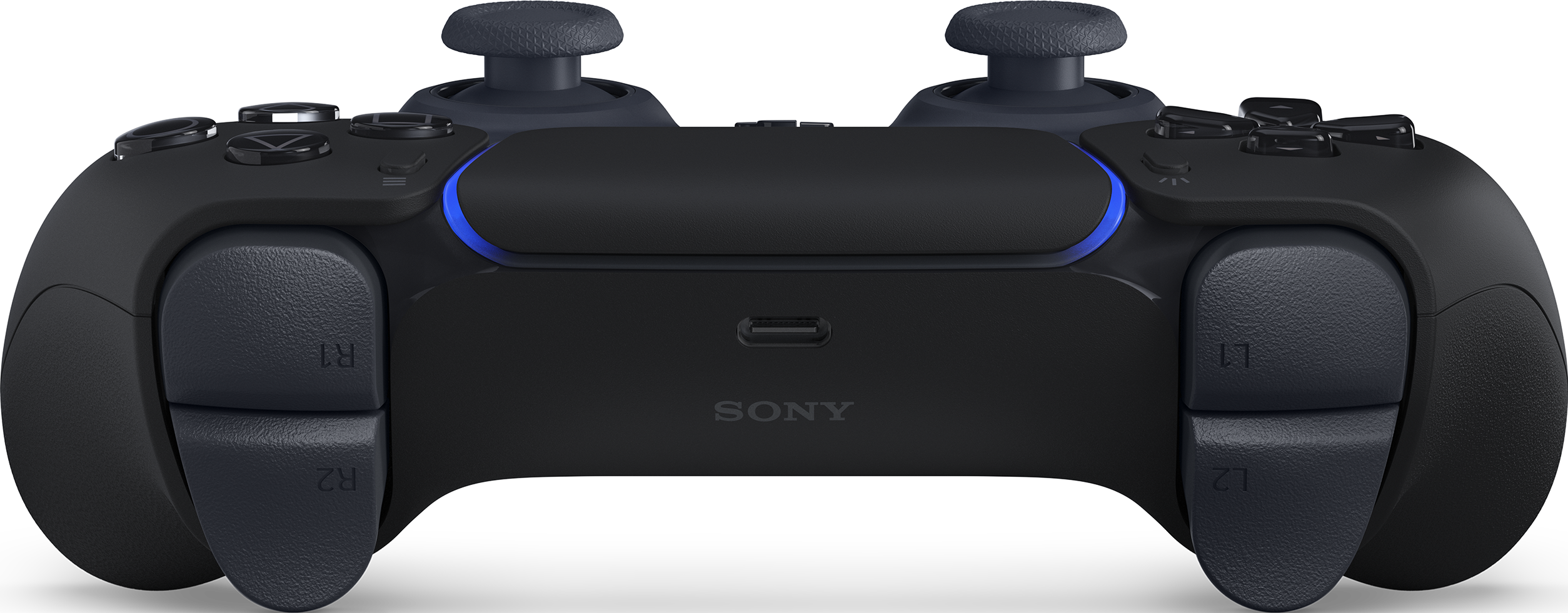 Controller PS5 nero, vista posteriore, con pulsanti etichettati R1, R2, L1, L2 e una porta USB.