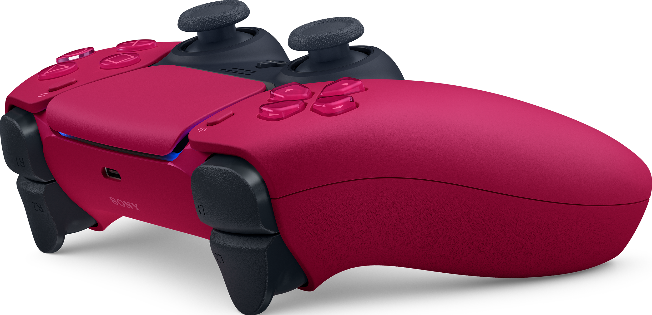 A red and black PlayStation 5 controller. It has many buttons.