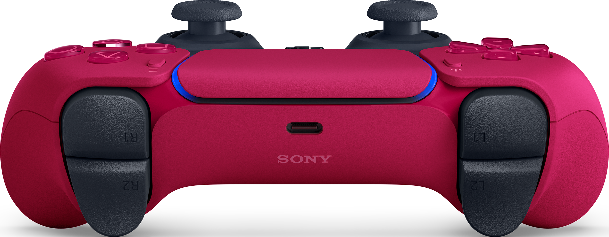 A red Playstation 5 controller with a black touchpad and black analog sticks.