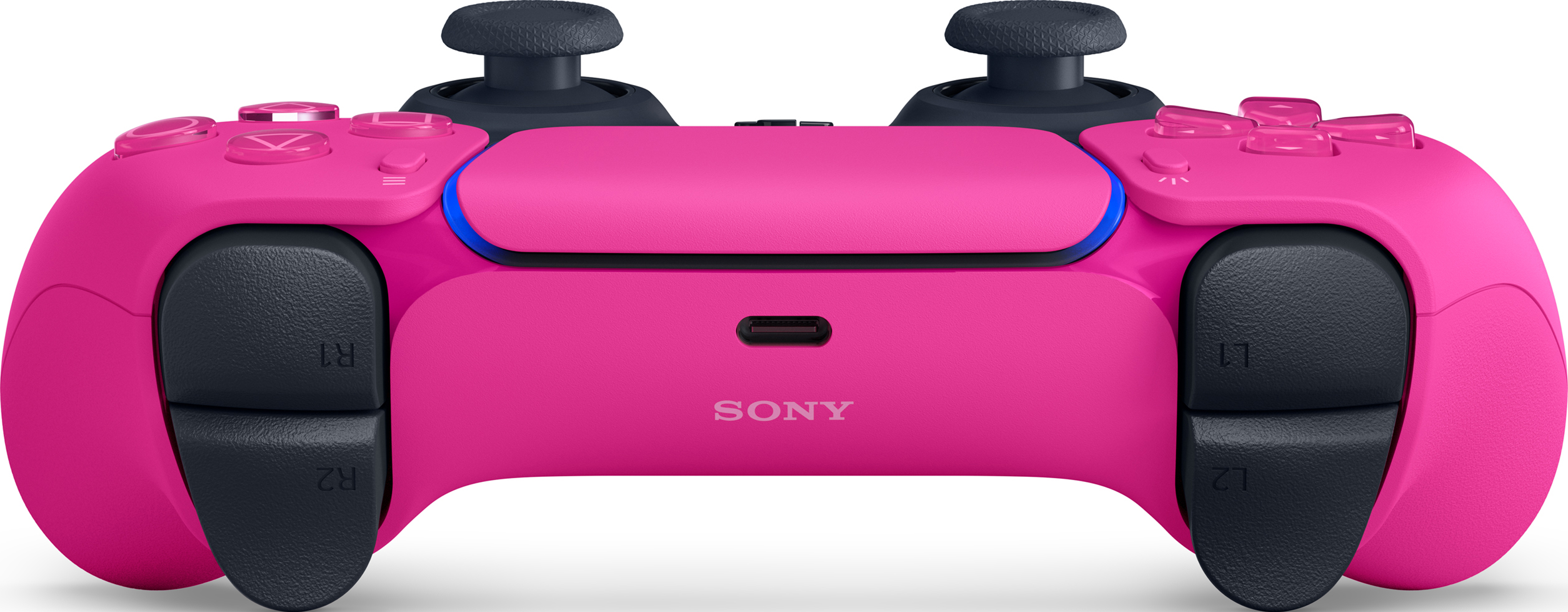 Rosa PlayStation 5 Controller auf weißem Hintergrund, mit Sony Logo.