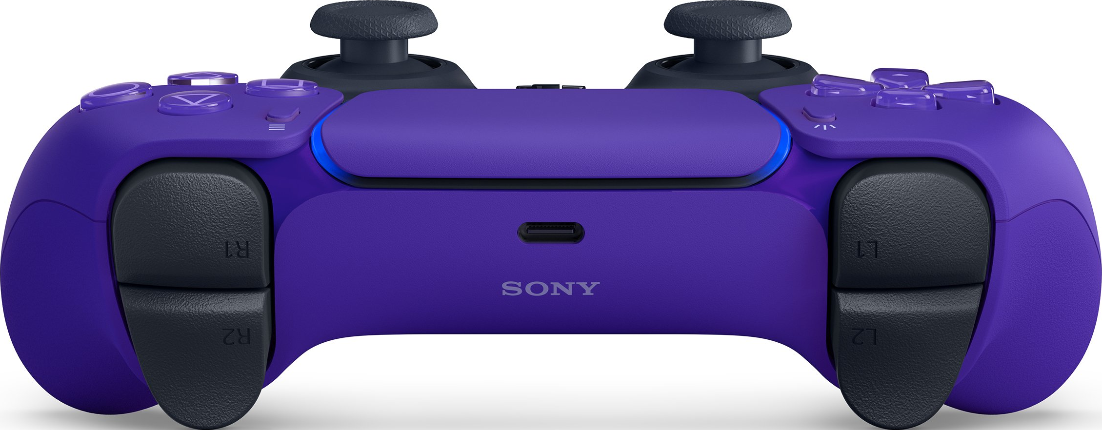 Paarse PlayStation 5-controller met knoppen, thumbsticks en het Sony-logo.
