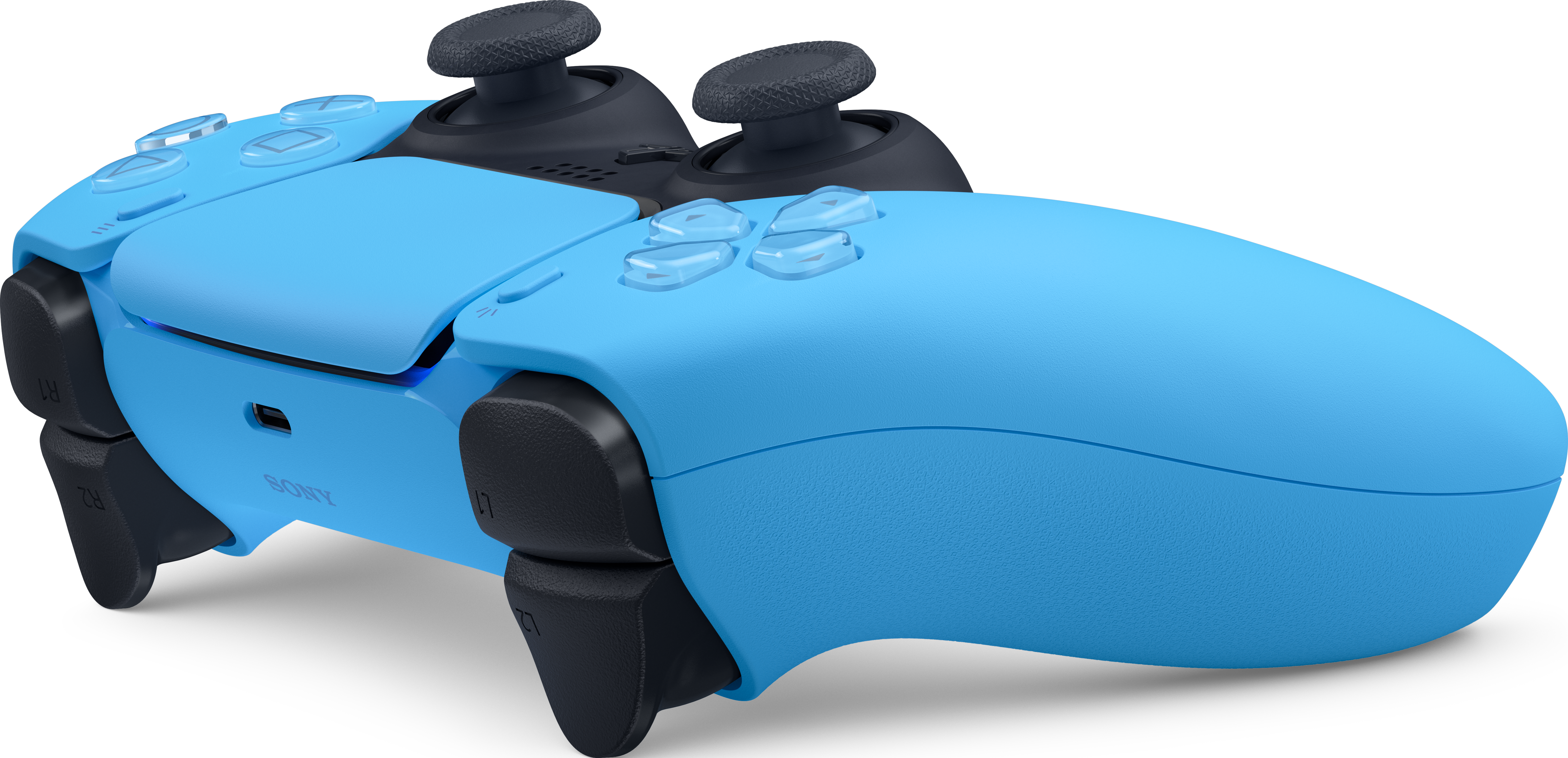 A blue PlayStation 5 controller with black buttons and sticks, on a white background.