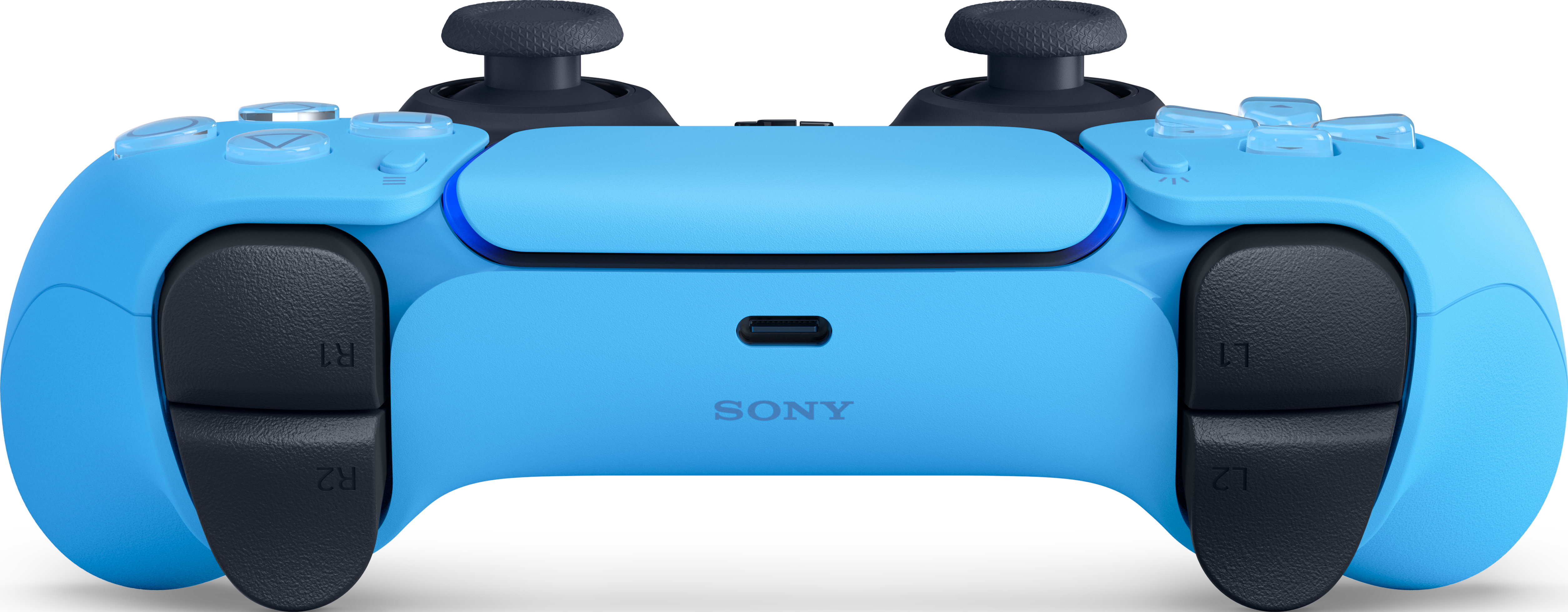 A light blue PlayStation 5 controller.