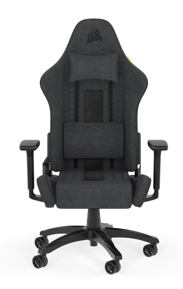 Krzesło gamingowe, ciemnoszara tkanina, z podparciem lędźwi i głowy.