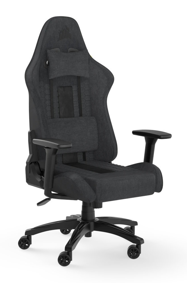 Czarny i szary fotel gamingowy z zagłówkiem i podłokietnikami, na białym tle.