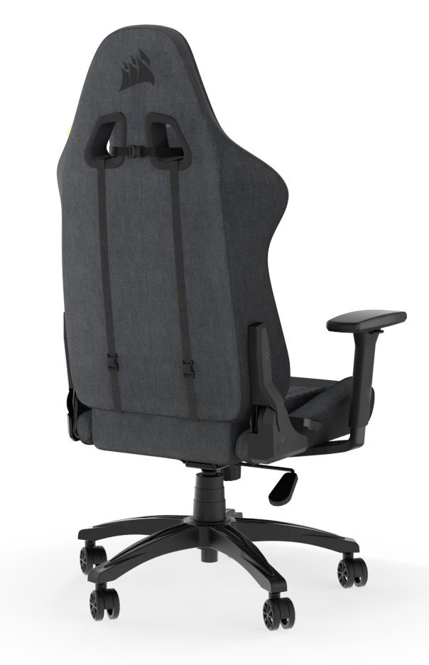 Ciemnoszary fotel gamingowy z tyłu. Posiada zagłówek, regulowane paski i podstawę z kółkami.