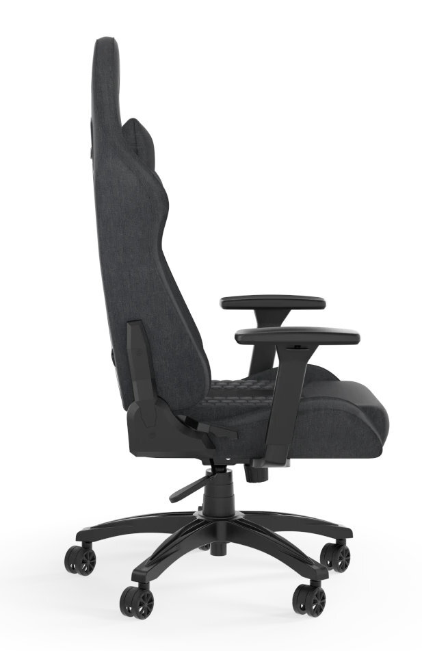 Widok z boku czarnego fotela gamingowego z szarą tkaniną, czarnymi podłokietnikami i czarną podstawą.