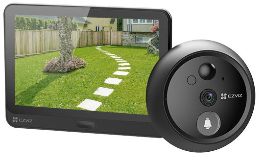 System dzwonka wideo EZVIZ. Dzwonek, monitor i trawnik.