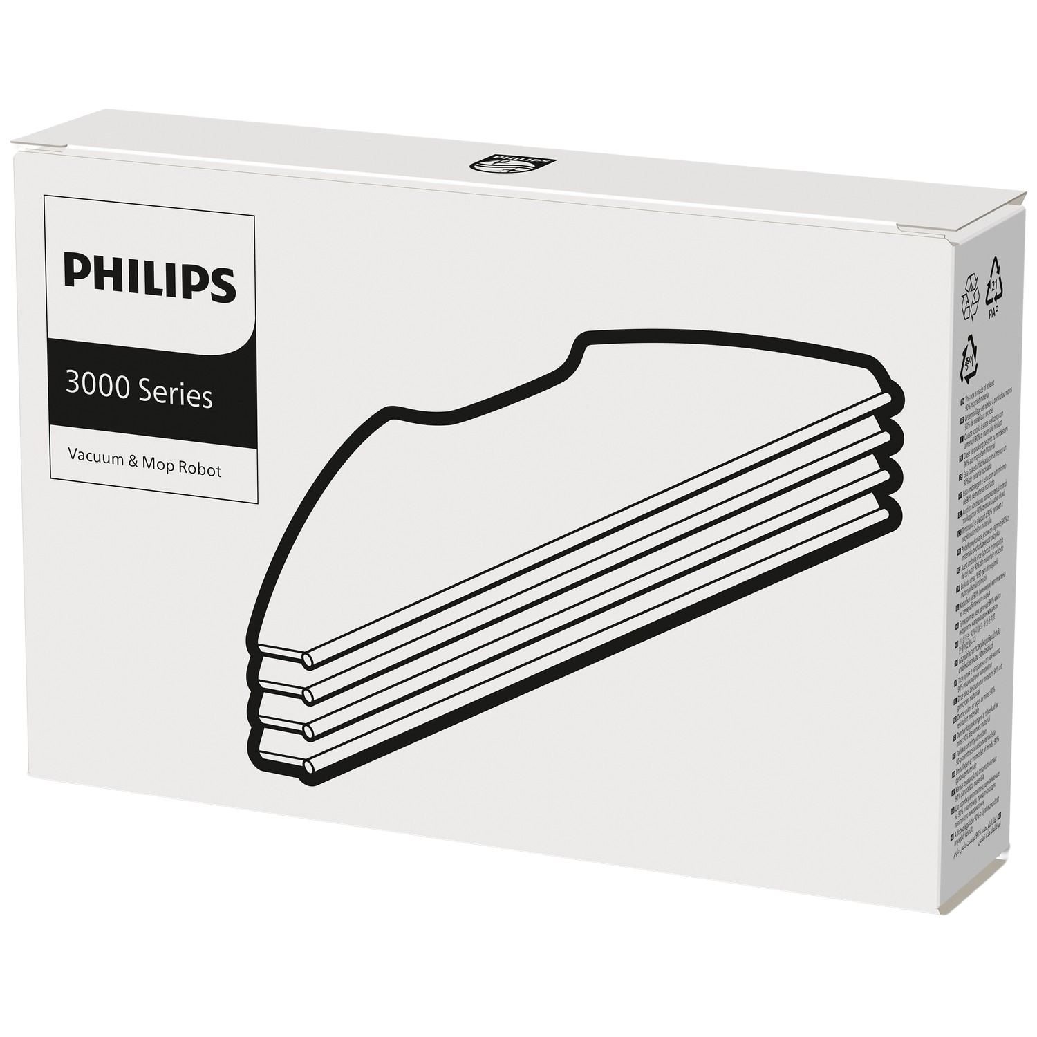 Witte doos van een Philips stofzuiger en dweilrobot. Zwarte lijntekening van de robot.
