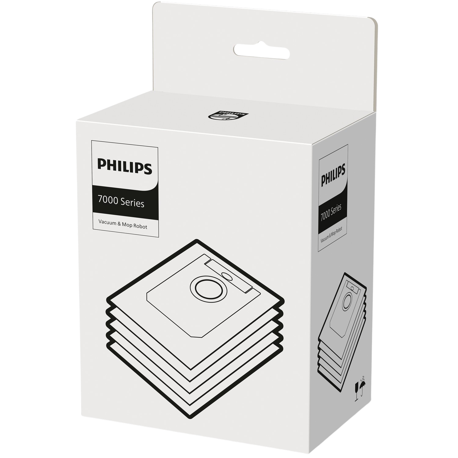 White Philips vacuum cleaner box, 7000 series. Vacuum & Mop Robot. Black and white graphics.