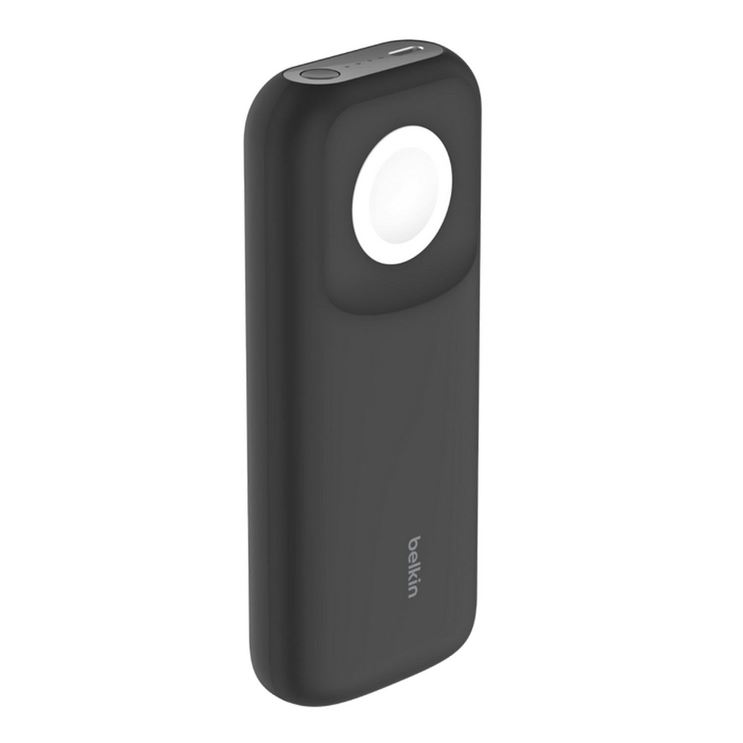 Batterie externe Belkin noire avec zone de charge blanche sur fond blanc.