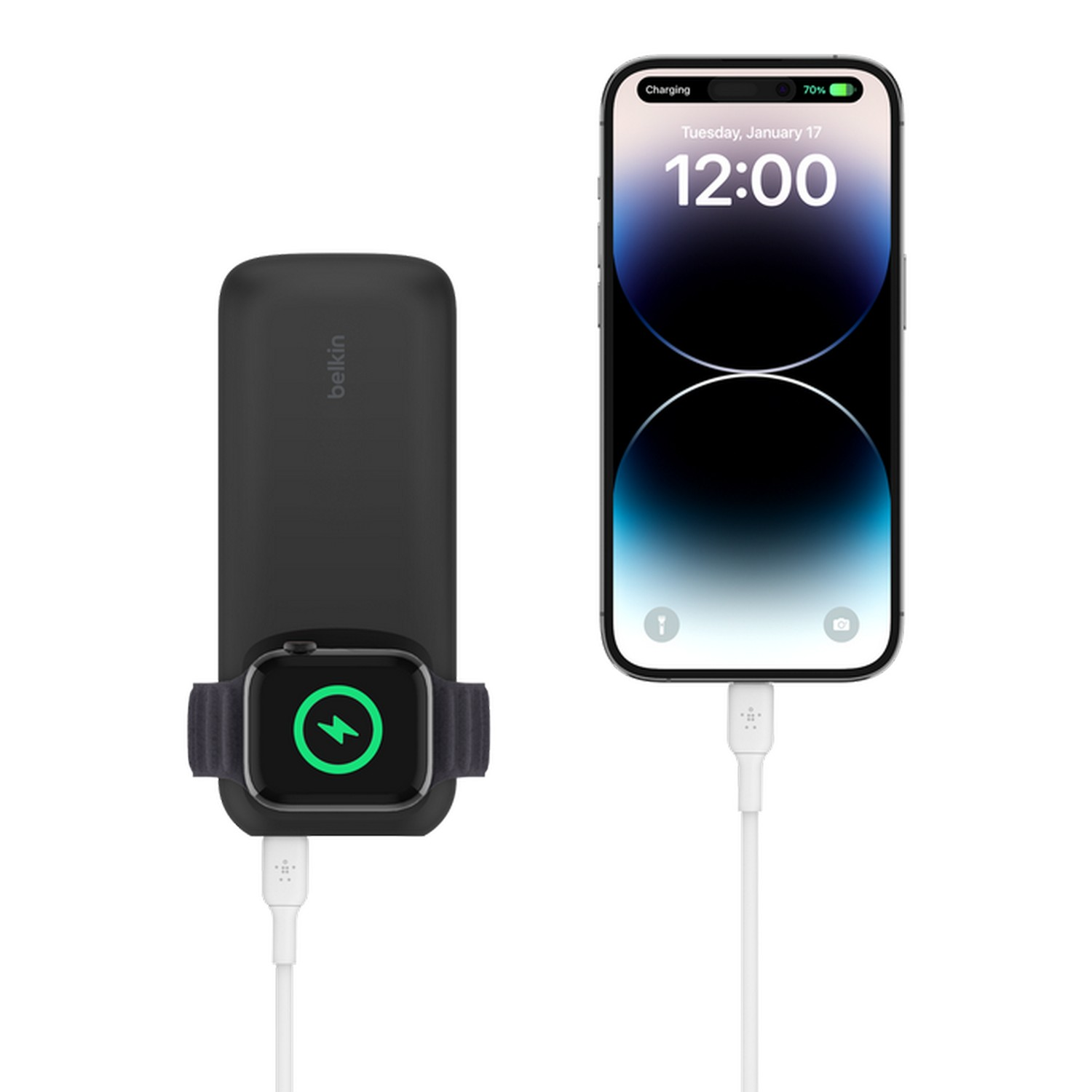 Station de charge noire avec chargement Apple Watch et téléphone.
