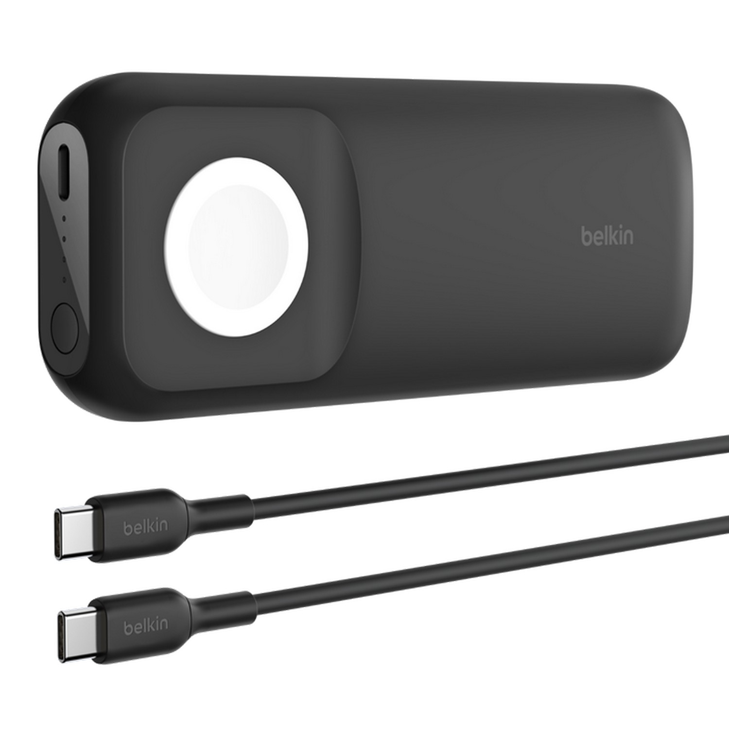 Socle de chargement Belkin noir avec un chargeur Apple Watch blanc et deux câbles de chargement noirs.