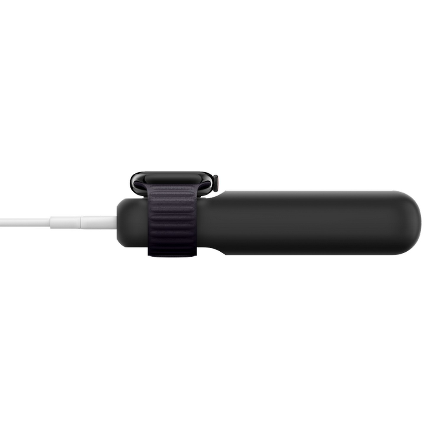 Chargeur Apple Watch noir avec une montre et un câble blanc.