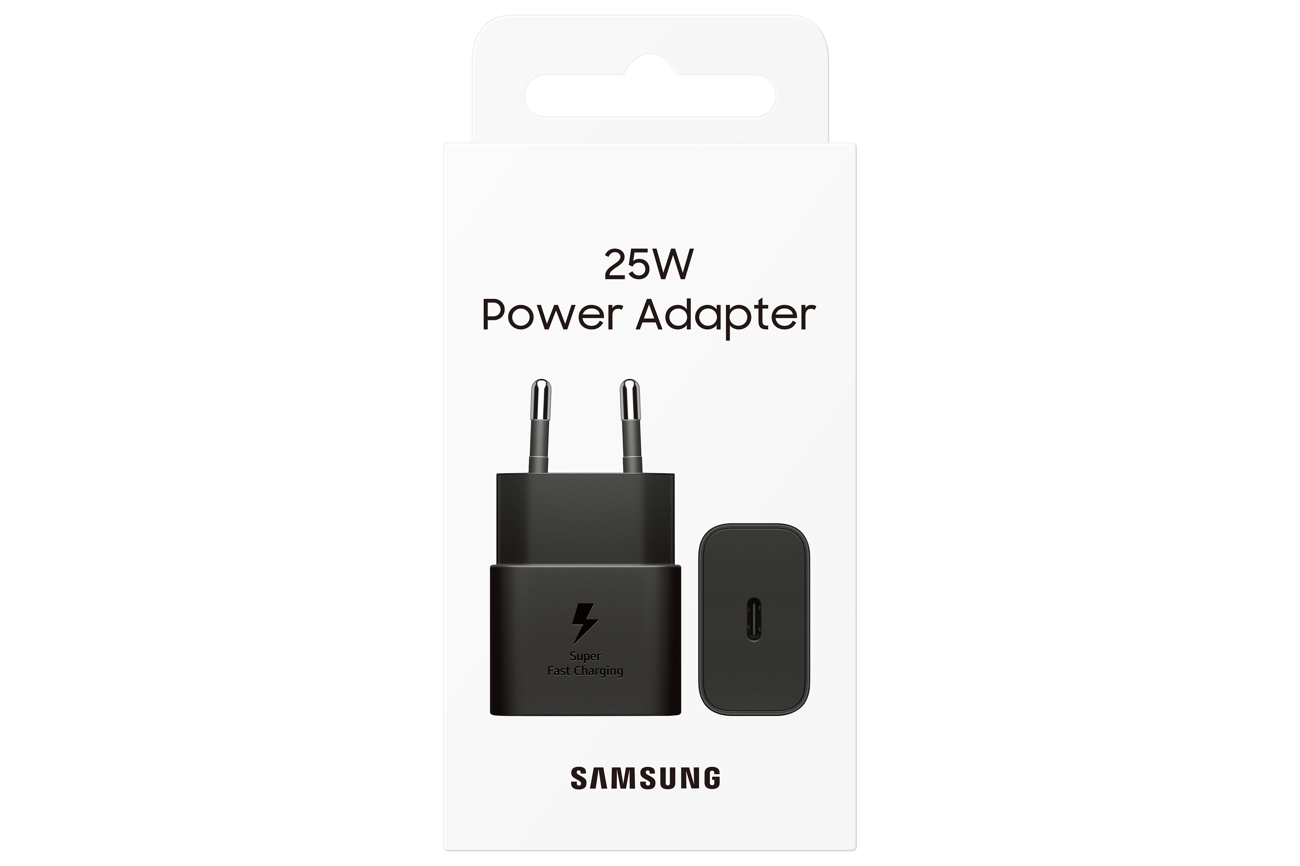 Kutusunda bir Samsung 25W Güç Adaptörü, adaptör ve fiş görünür durumda.