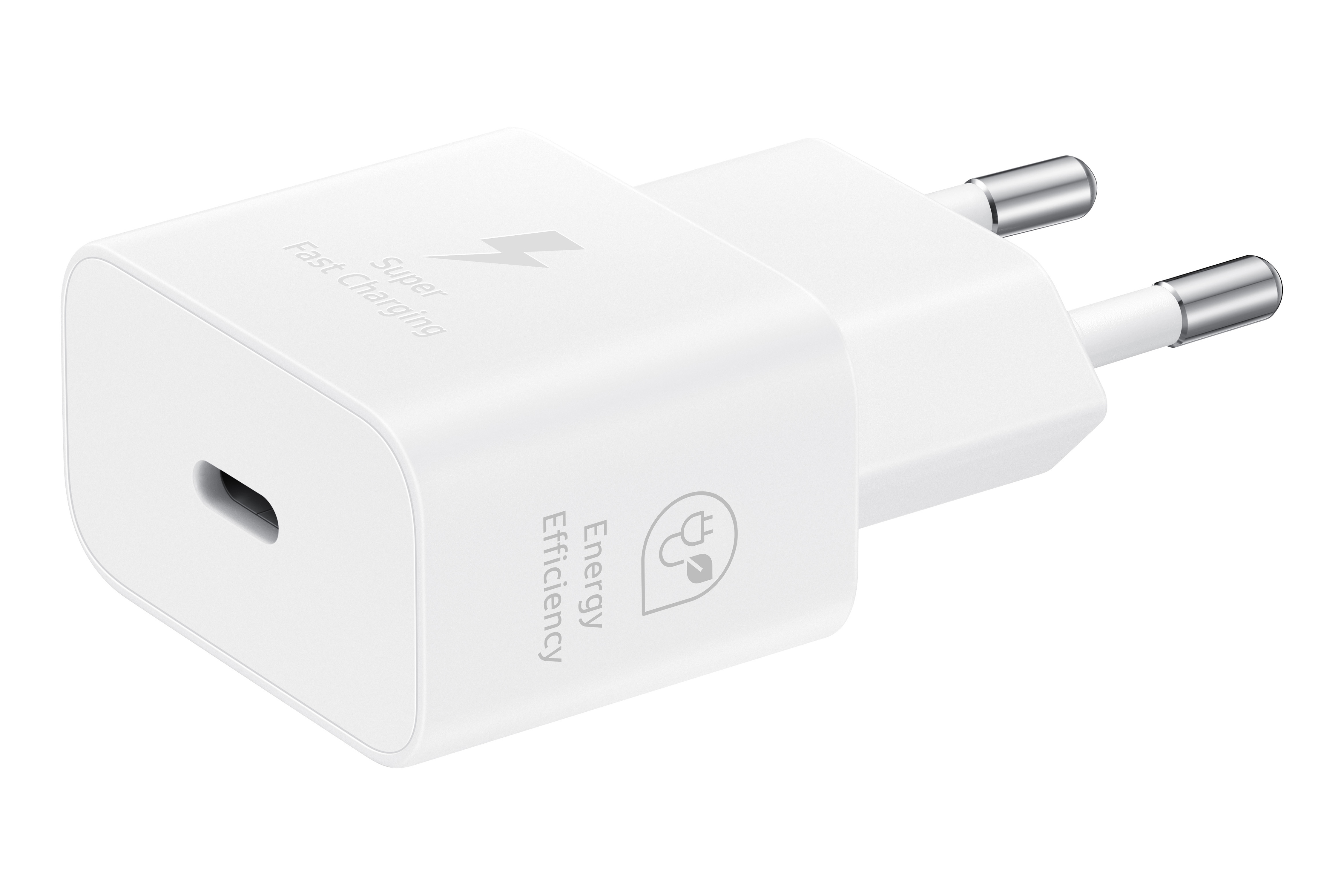 USB-C portlu beyaz Samsung şarj cihazı ve 'Super Fast Charging' yazısı.