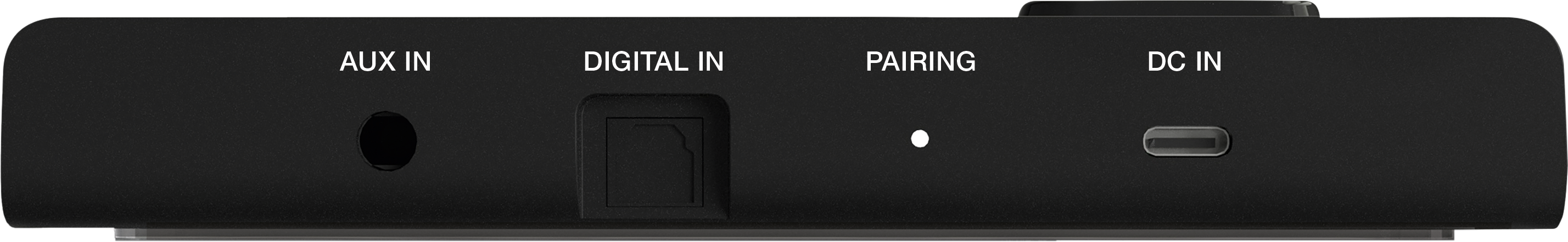 Un dispositivo nero con le parole 'AUX IN', 'DIGITAL IN', 'PAIRING' e 'DC IN'.