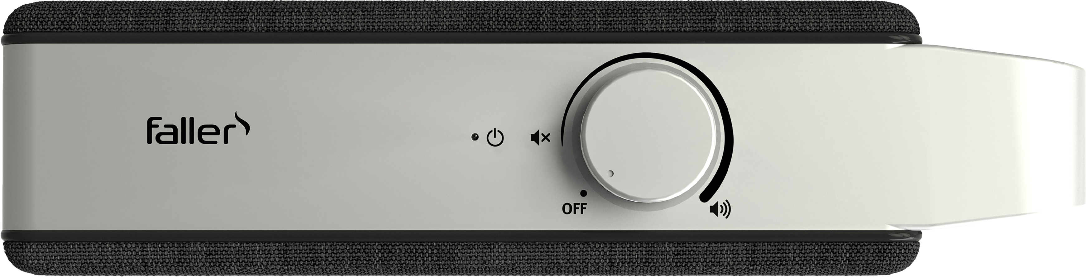 Vista dall'alto di una soundbar, corpo argentato, manopola del volume, con logo Faller.