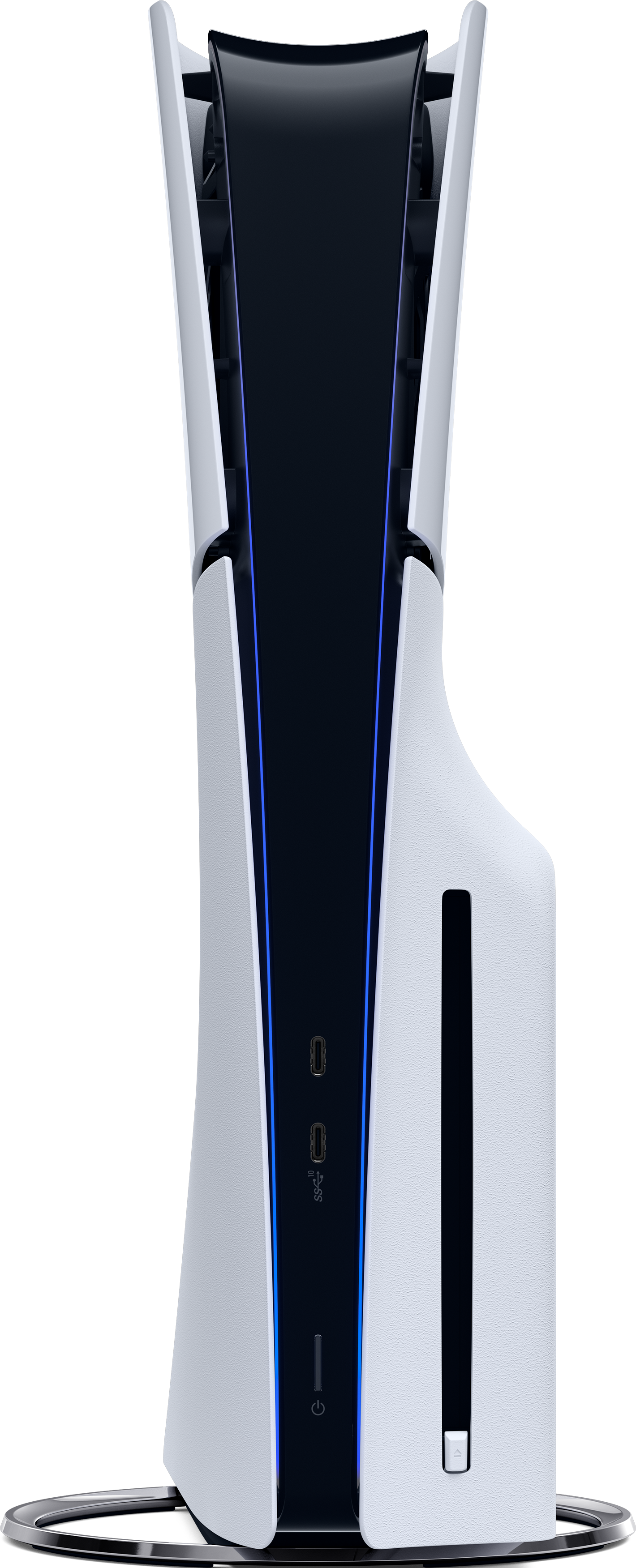 Vue verticale d'une console de jeu blanche et noire. Inclut des ports et des ventilations.