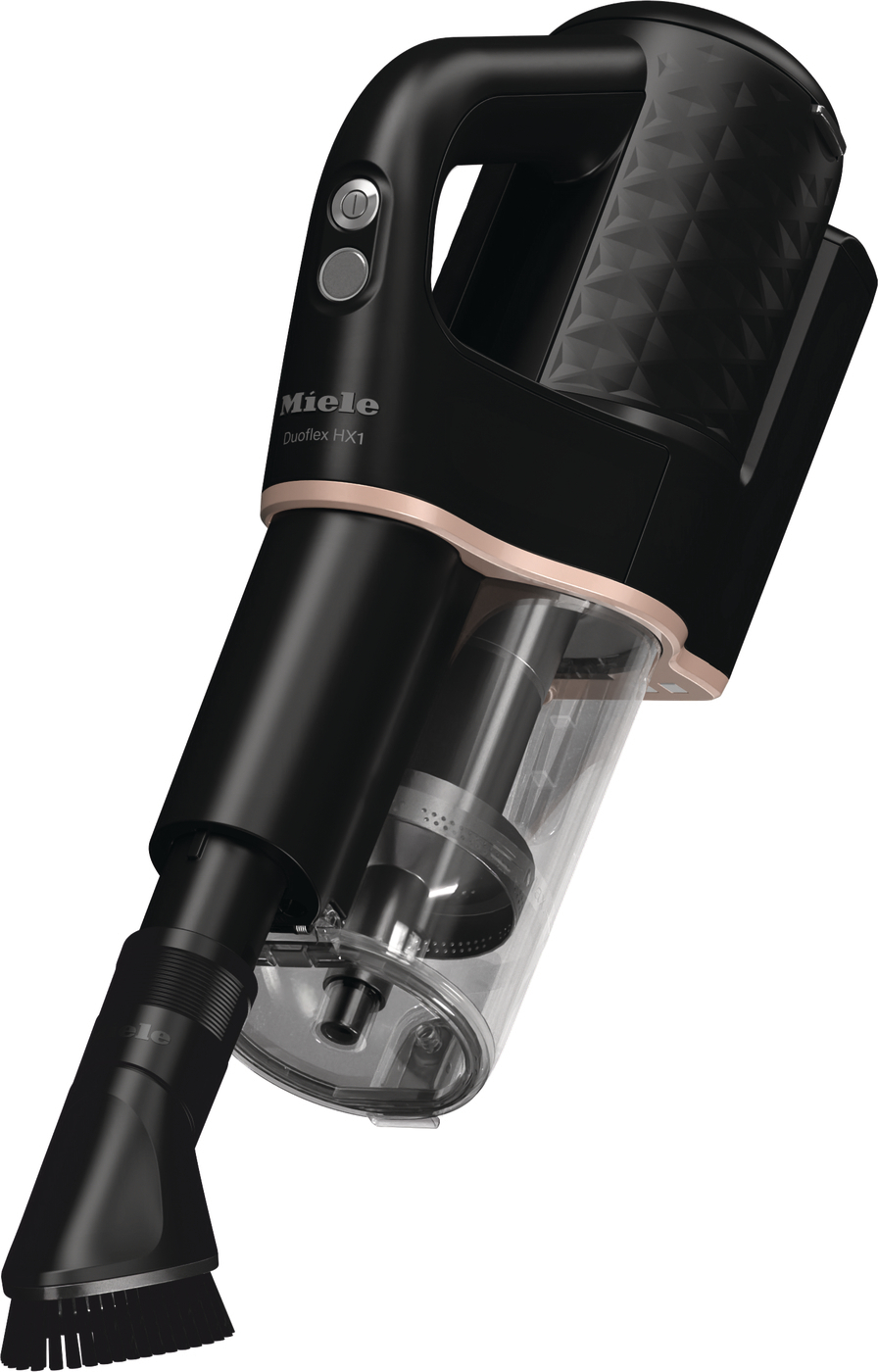 Schwarzer und rosa Miele DuoFlex HX1 Staubsauger vor weißem Hintergrund.