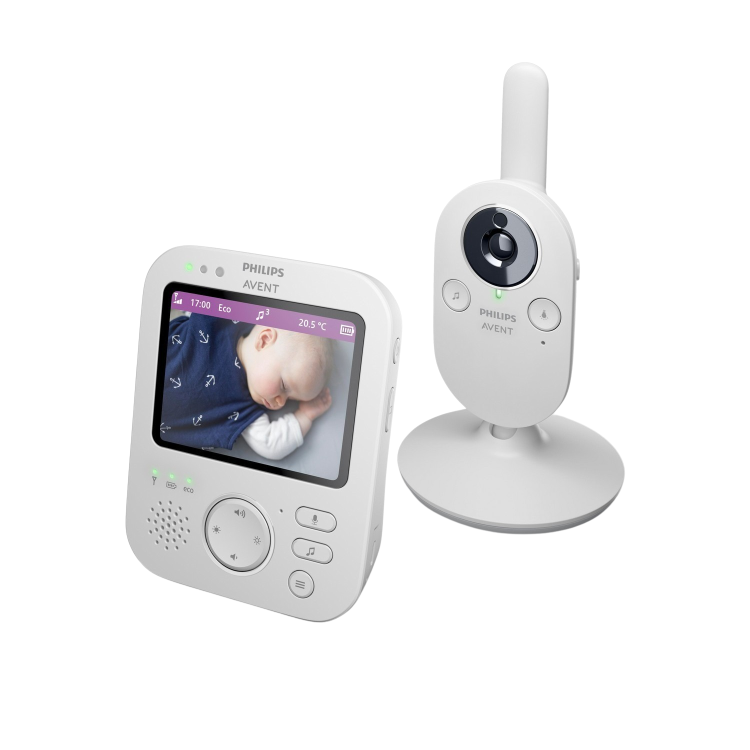 Philips Avent babyfoon. Wit, met scherm dat baby laat zien. Camera-eenheid.