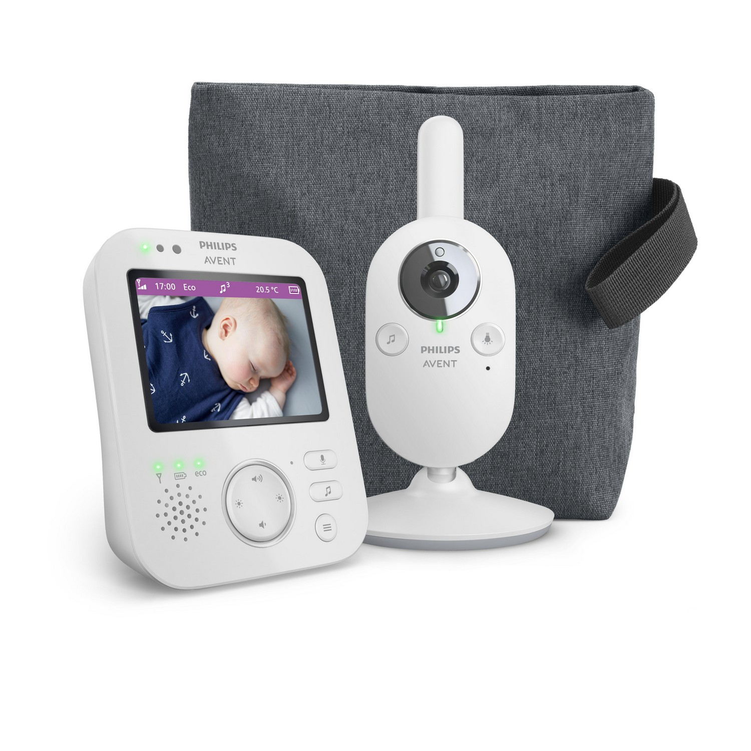Philips Avent babyfoon met baby, witte achtergrond.