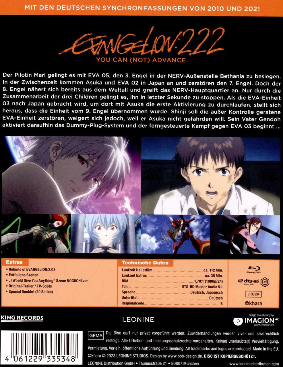 Rückseite einer Anime-DVD mit Charakteren, Text und einer Liste von Extras.