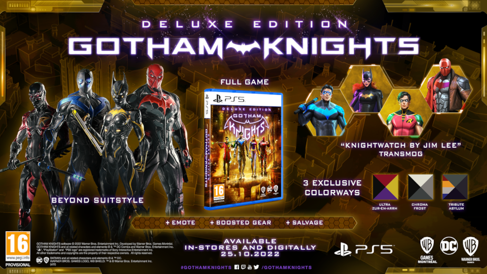 Gotham Knights játékdoboz különféle karakterekkel és logókkal. A doboz egy promóciós képen van.