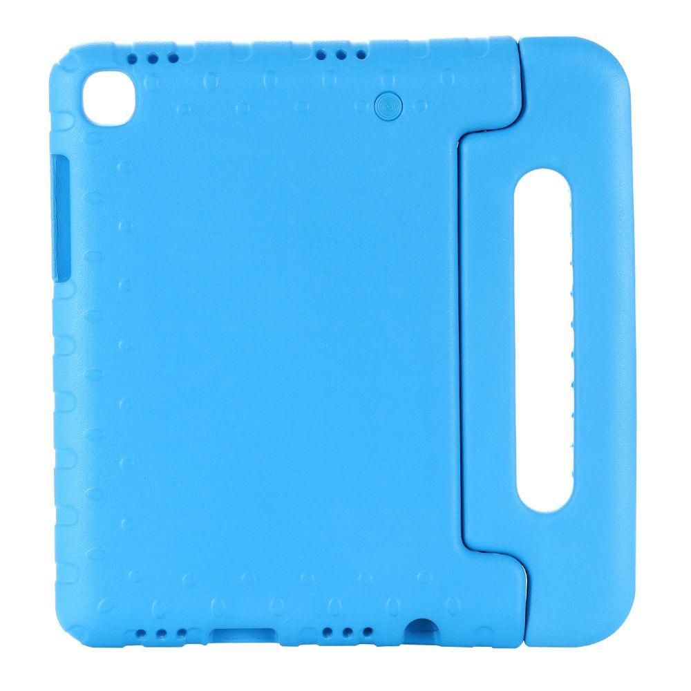 A blue tablet case with a handle. It is made of plastic and is designed for kids.