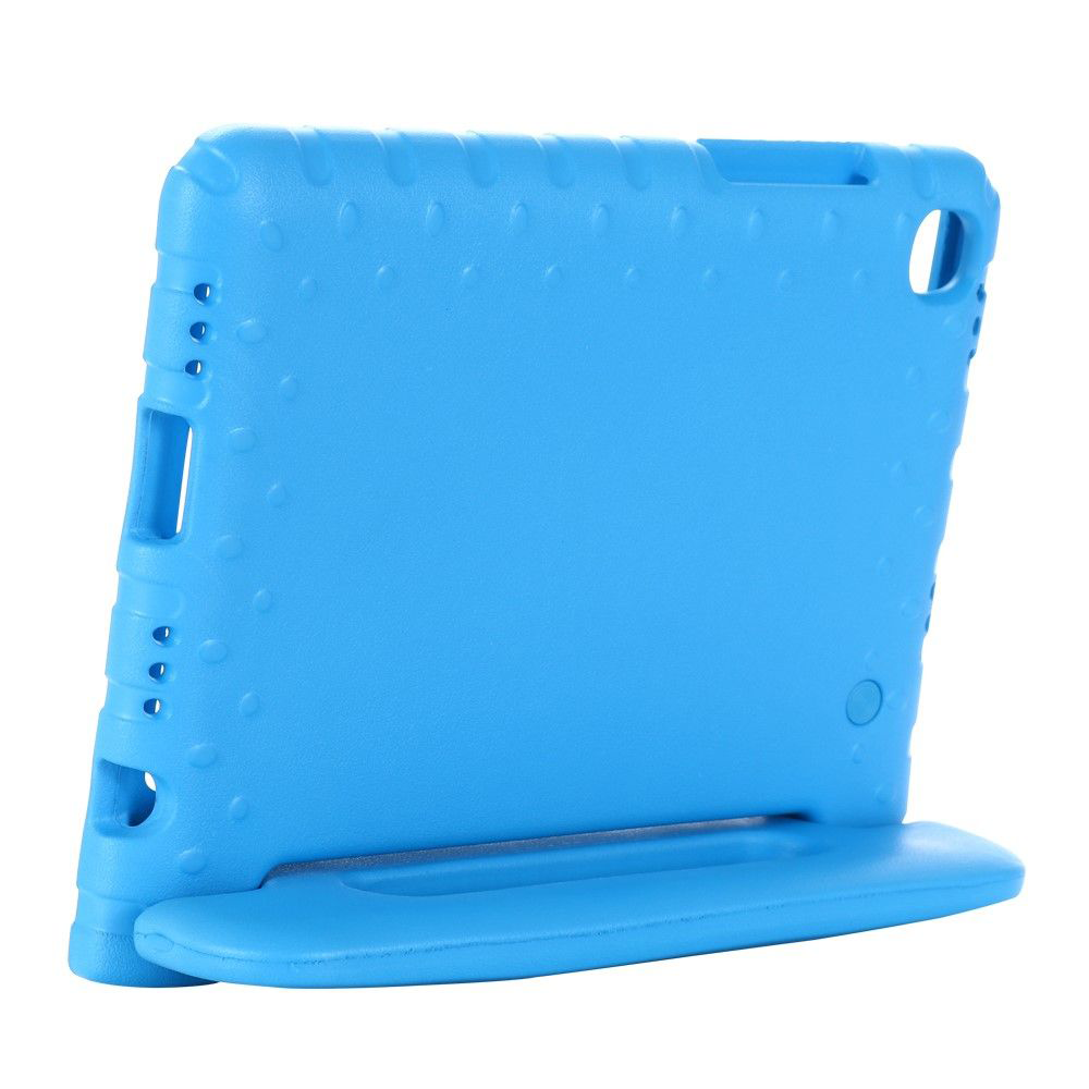 Blue tablet case. It has a stand and cutouts for the camera and buttons. The case is on white background.