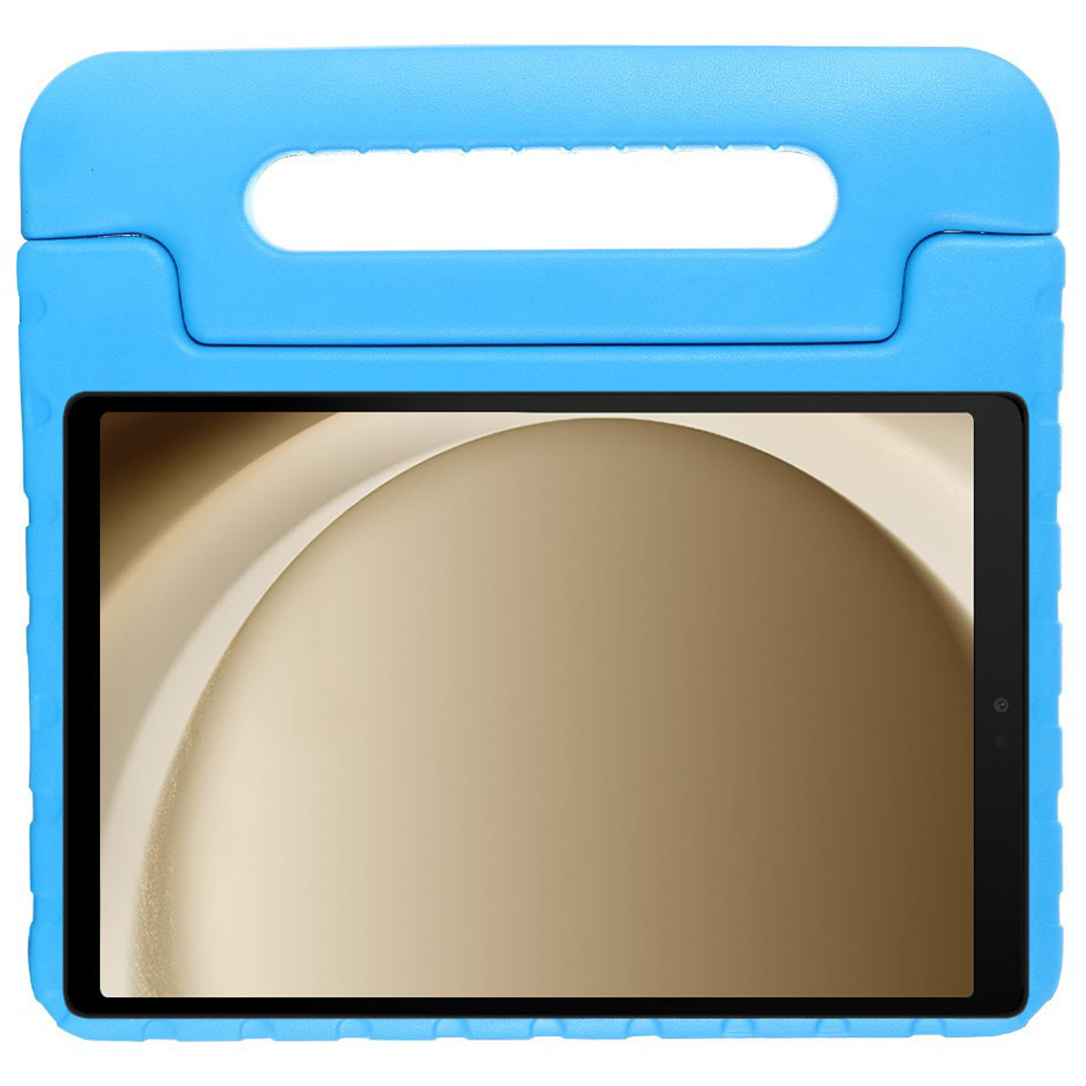 Blue tablet case with a handle holding a tablet, black screen, and beige background.