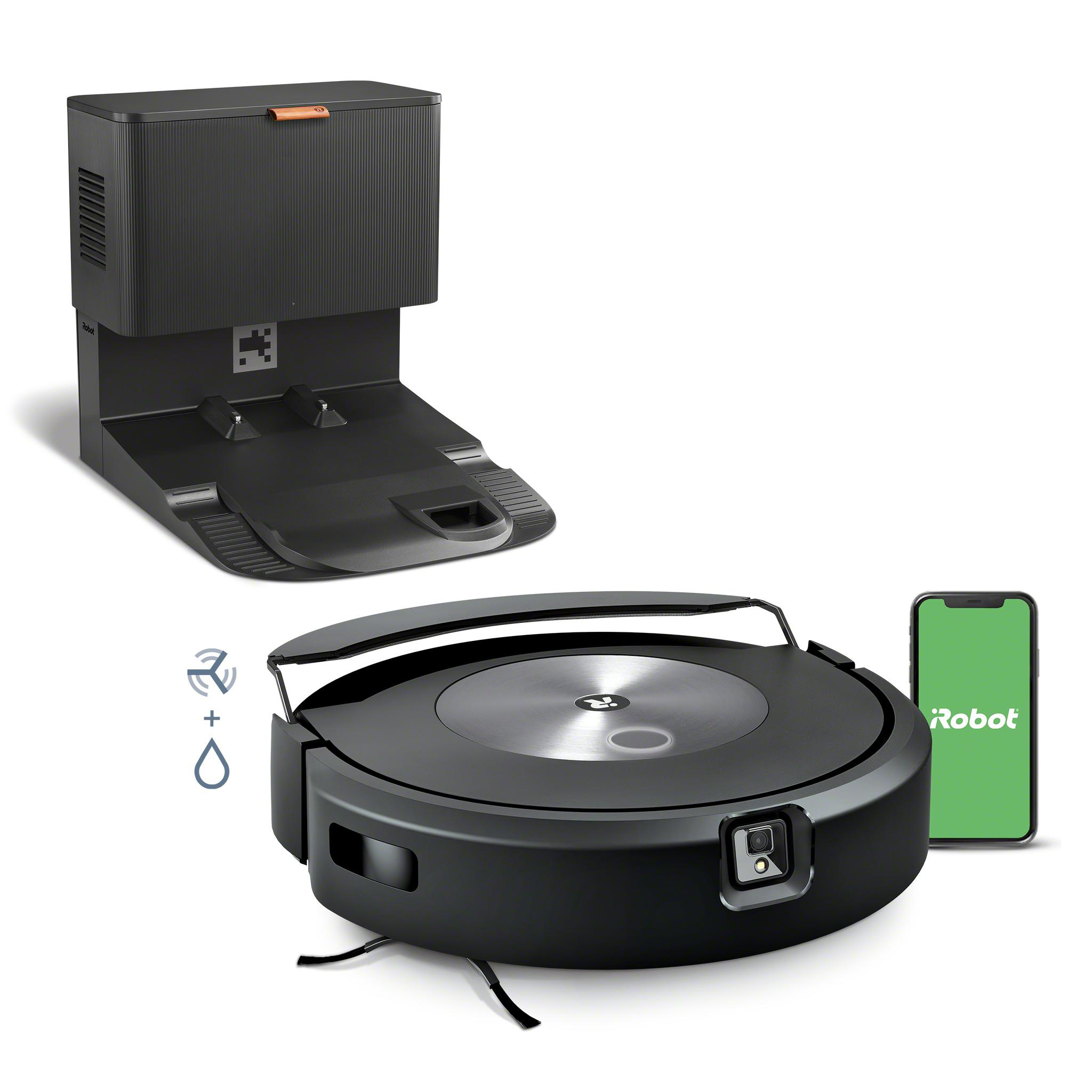 Schwarzer iRobot Roomba mit Ladestation, Smartphone mit App-Oberfläche und Wassertropfen.