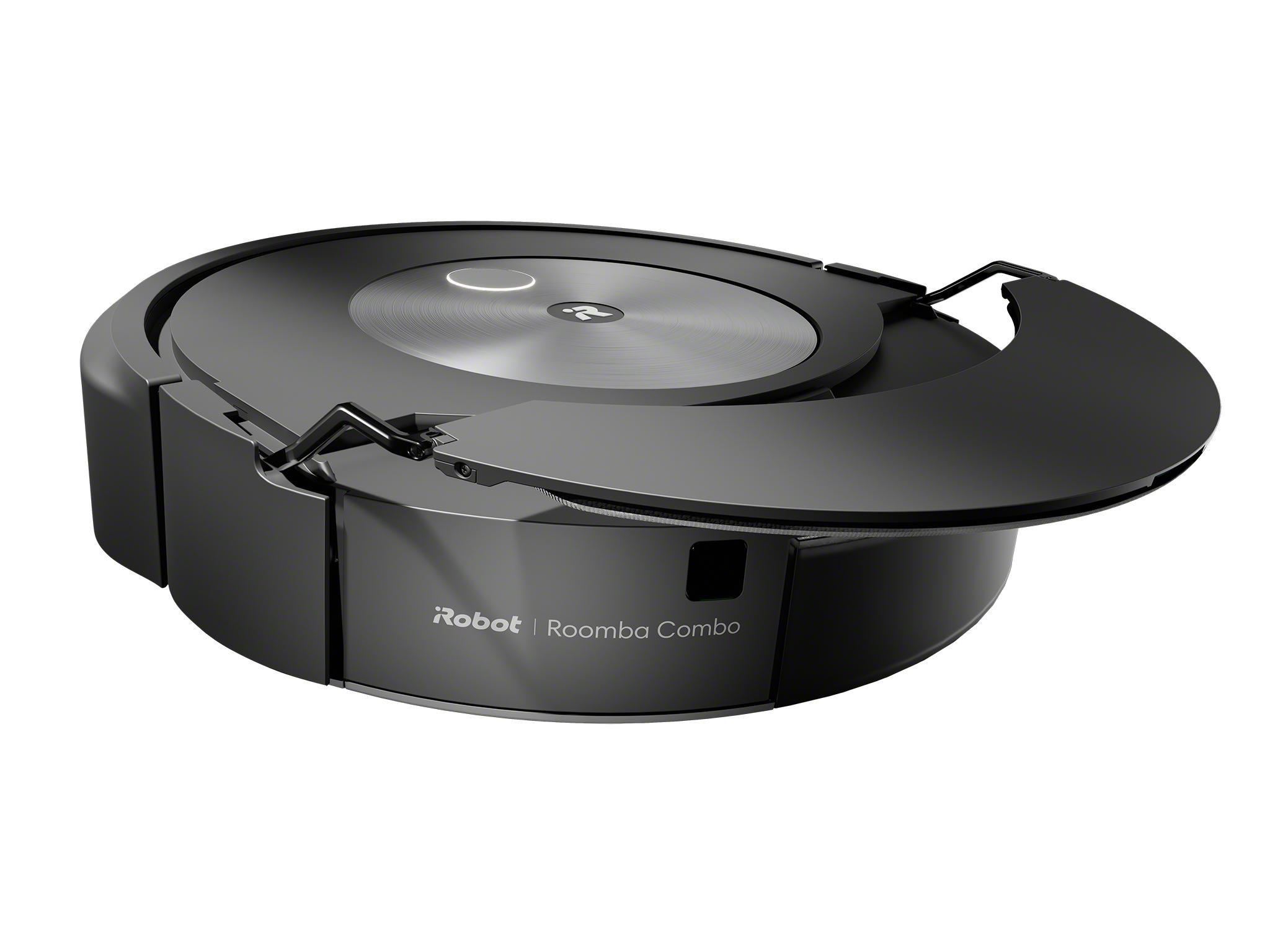 Schwarzer iRobot Roomba Combo Roboter-Staubsauger mit offenem Deckel.