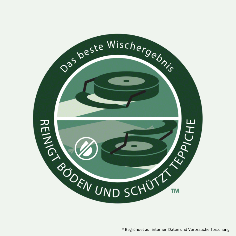 Symbol mit grünem und weißem Design. Es sagt 'reinigt Böden' und 'schützt Teppiche'.