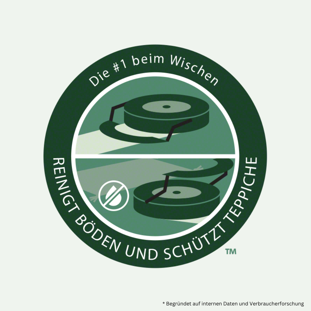 Rundes Logo: Roboter-Staubsauger-Symbol, Worte 'REINIGT BÖDEN UND SCHÜTZT TEPPICHE'.