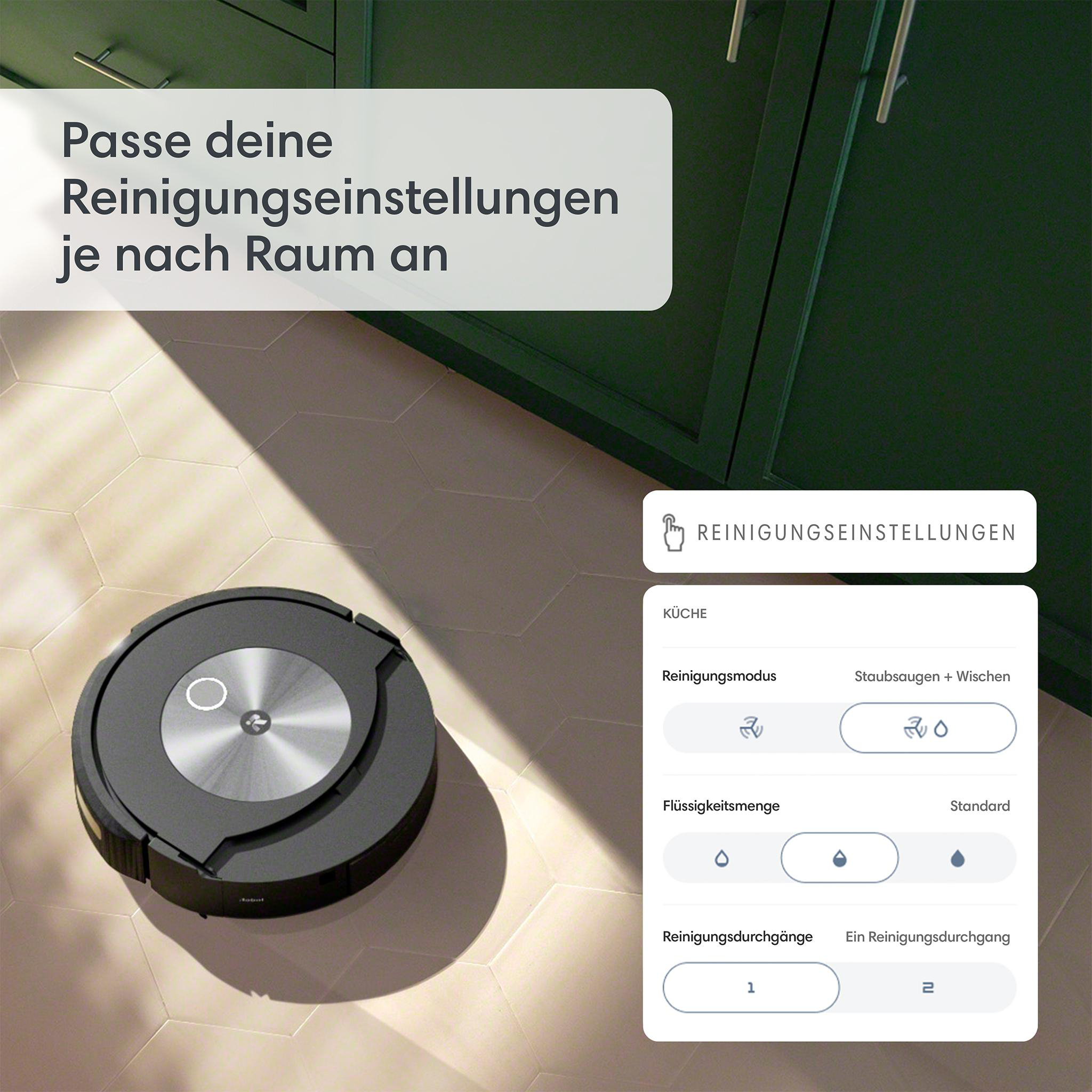 Roboter-Staubsauger und ein Bedienfeld mit Reinigungseinstellungen.