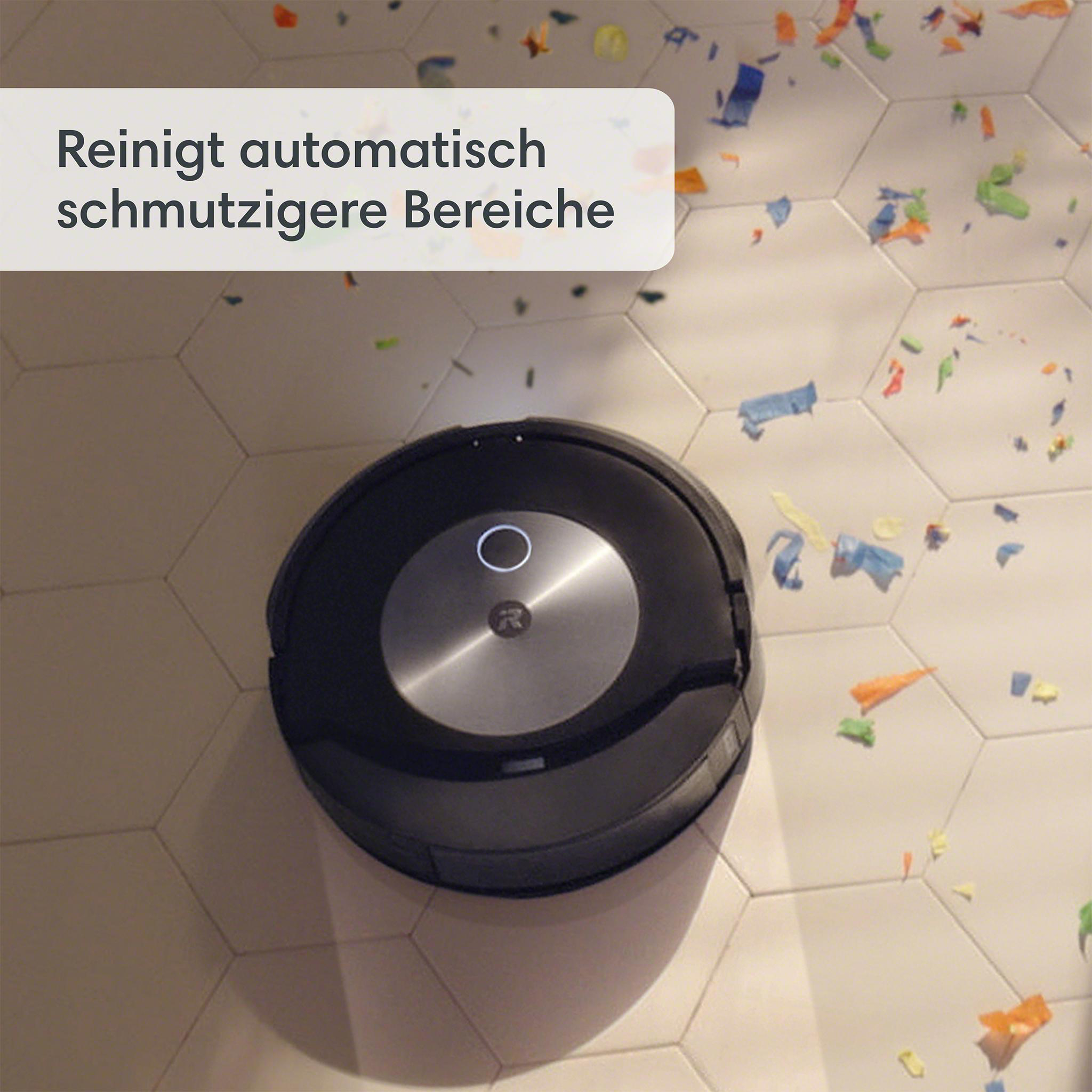 Roboter-Staubsauger reinigt Fliesenboden, mit Textüberlagerung.