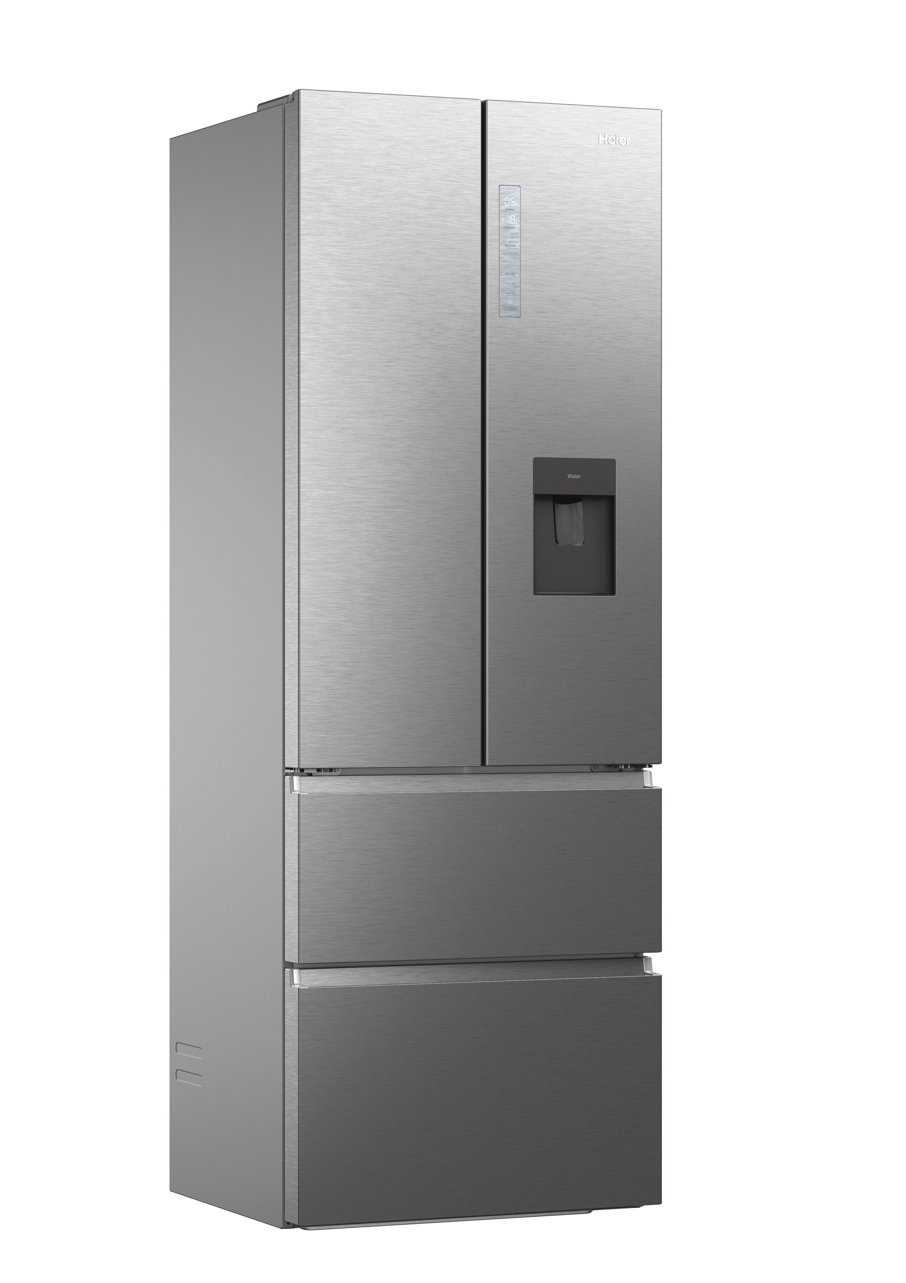 Edelstahl-Haier-Kühlschrank mit zwei Türen und zwei Schubladen. Mit Wasserspender und digitalem Panel.