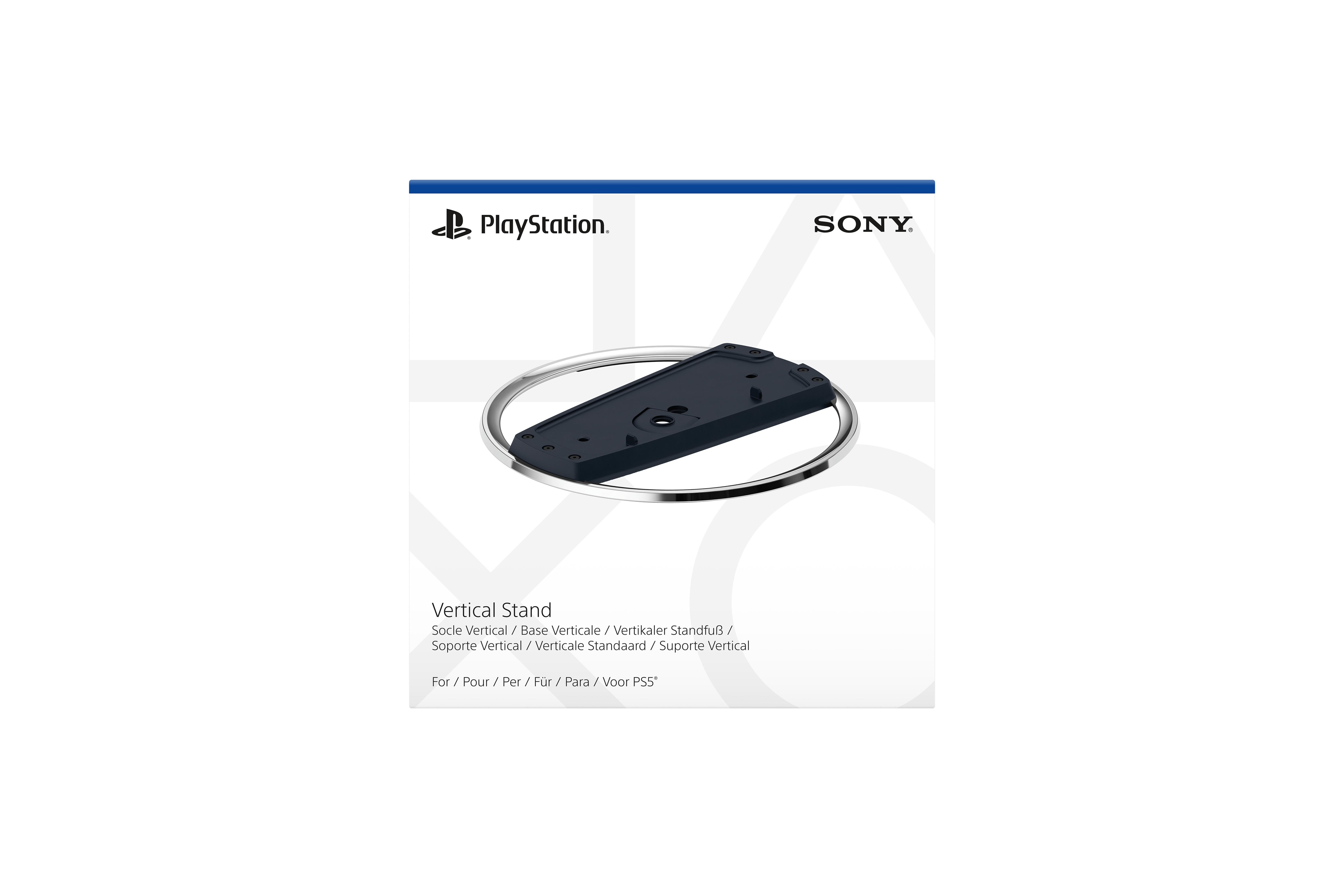 Eine weiße Produktbox mit einem vertikalen Ständer für eine PlayStation, Text in mehreren Sprachen.