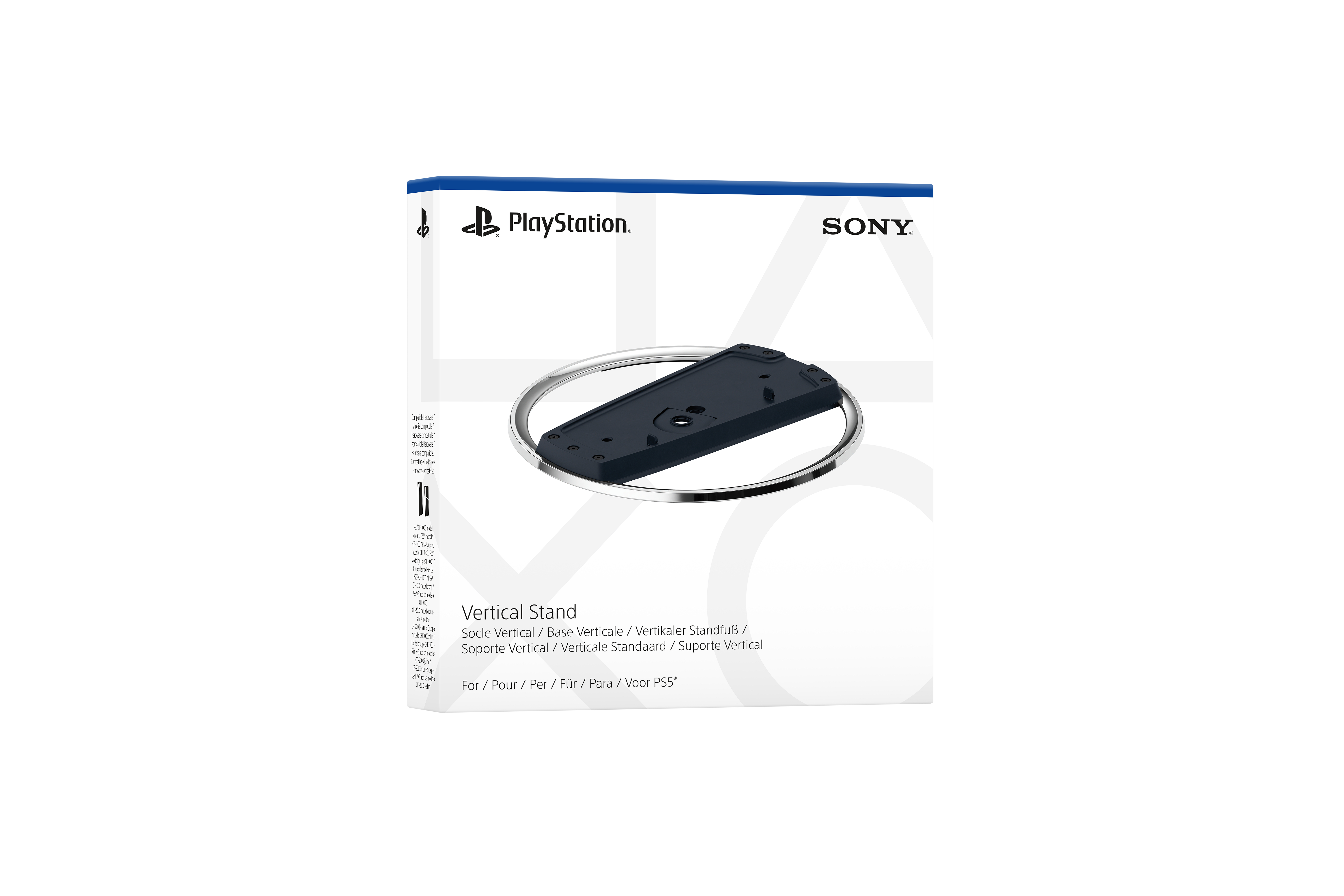 PlayStation vertikale Standbox. Weiße Box mit silbernem Ständer sichtbar. Sony-Logo oben.