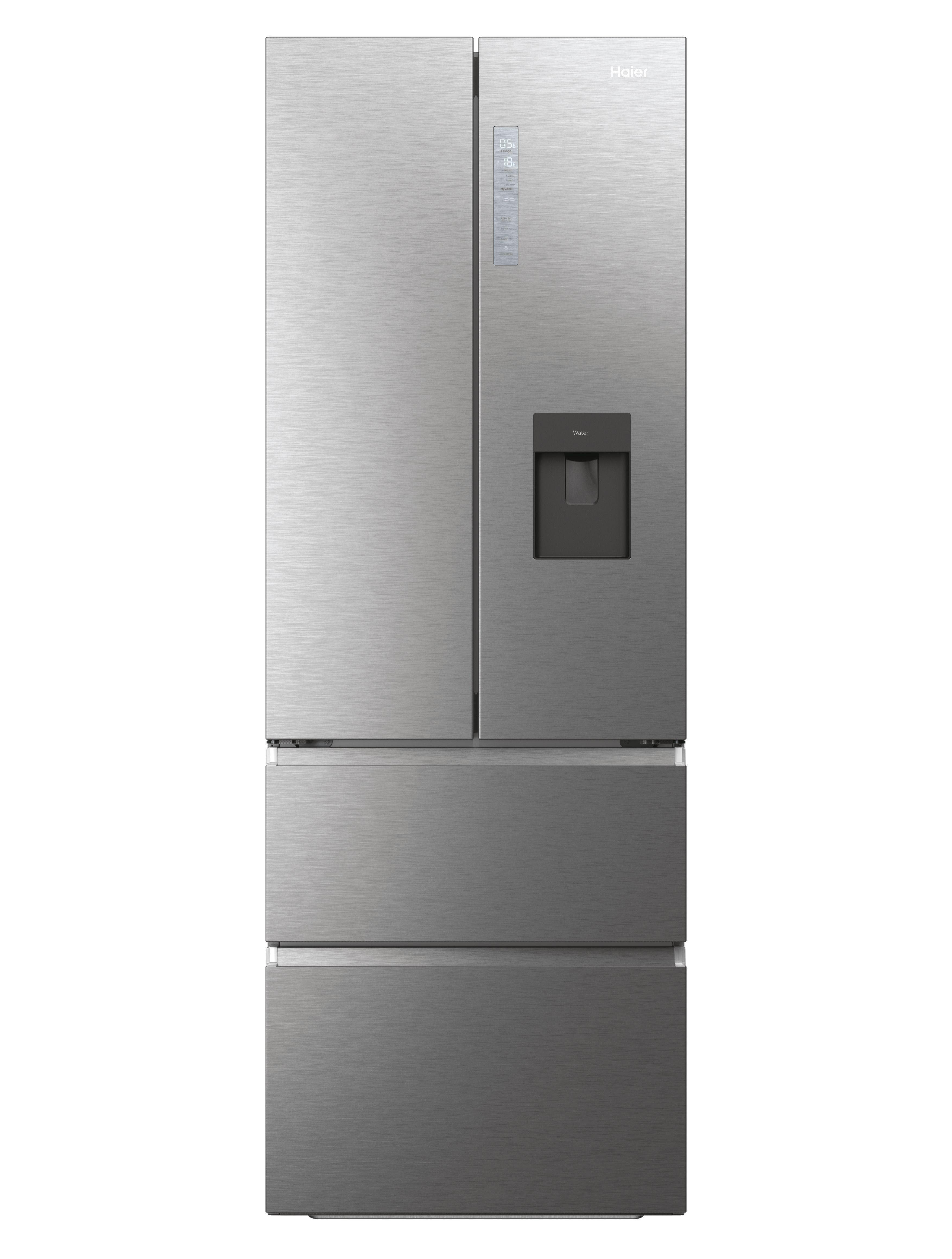 Edelstahl-Haier-Kühlschrank mit zwei Türen, zwei Schubladen, Wasserspender und Digitalanzeige.