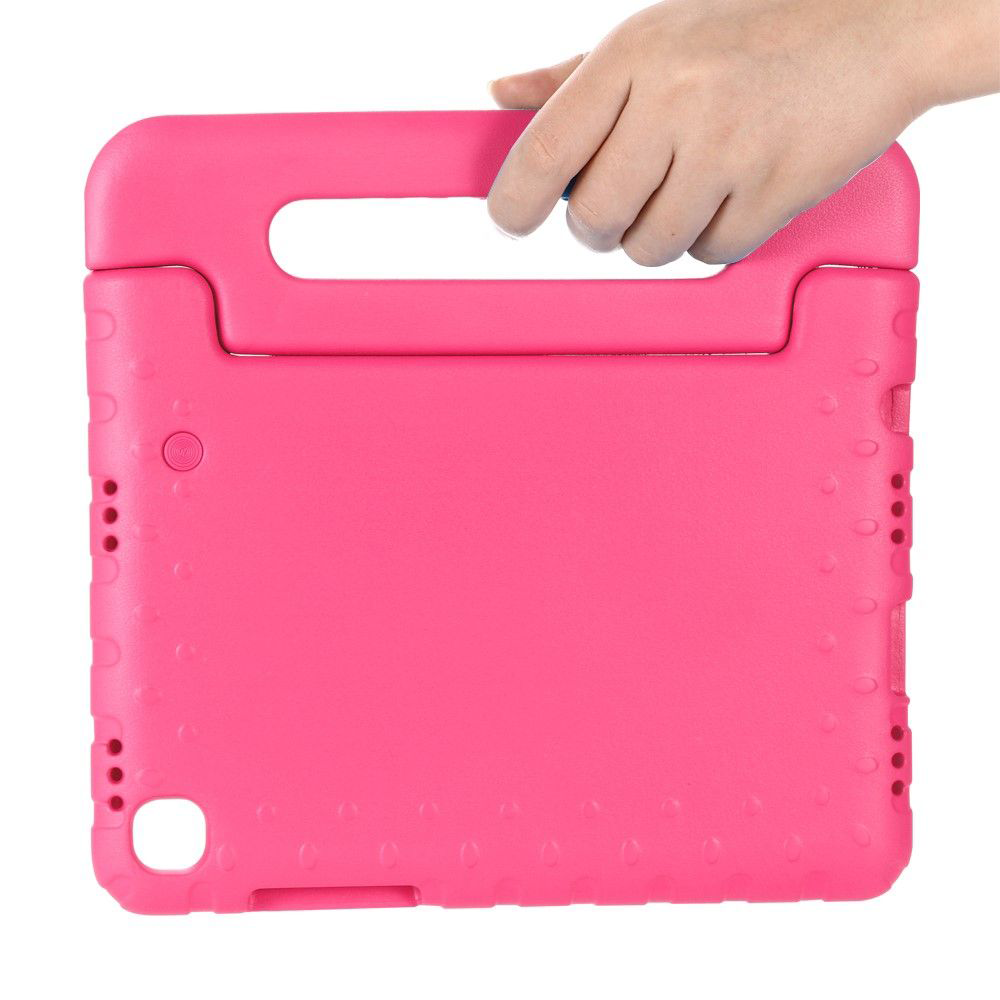 Pink tablet case held by a hand. The case has a handle and holes on the sides, on a white background.