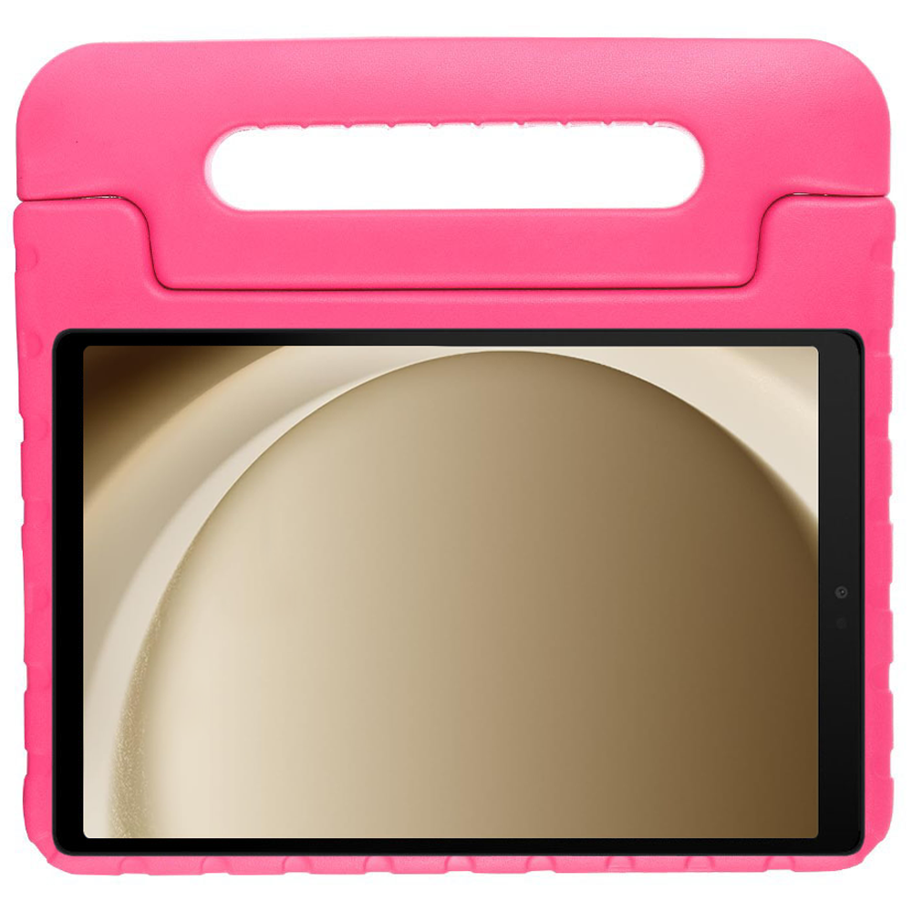 Pink tablet case with a black tablet inside, displaying a light brown, abstract background.