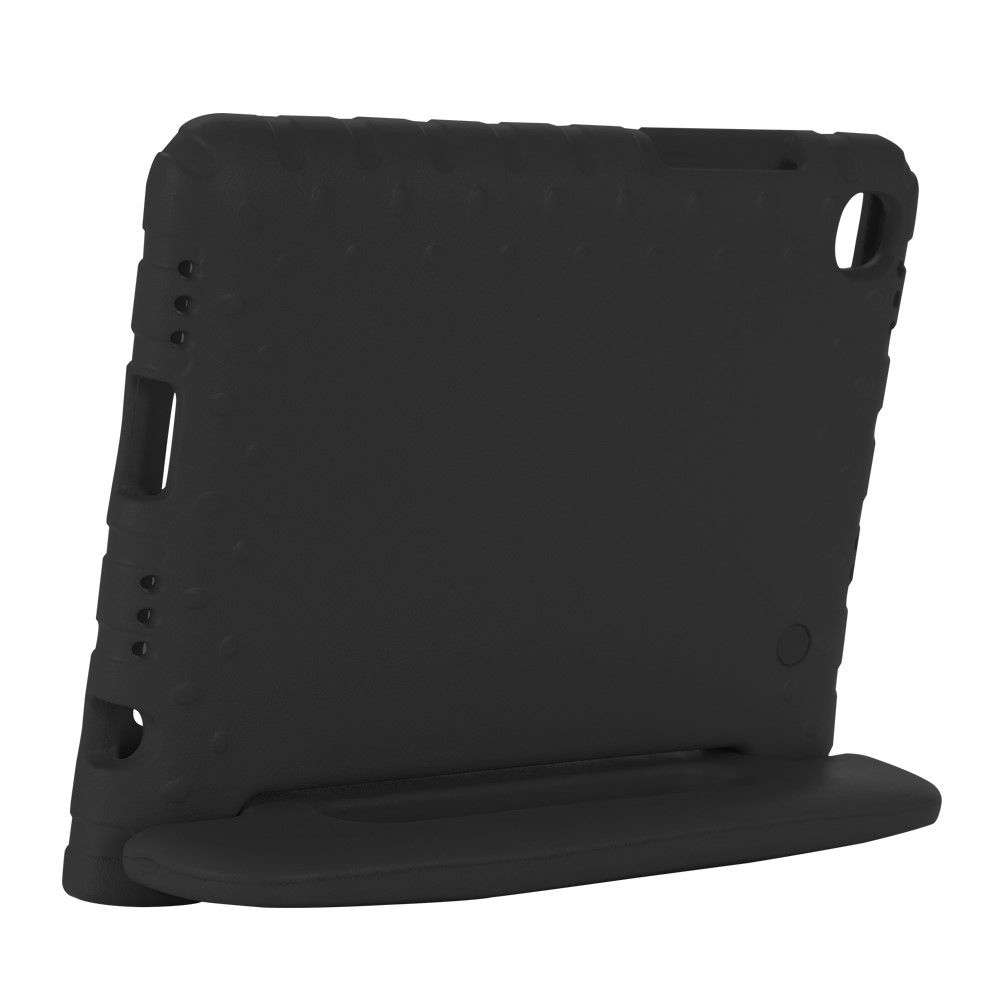 Black tablet case with a stand, side view, with cutouts for buttons and ports.