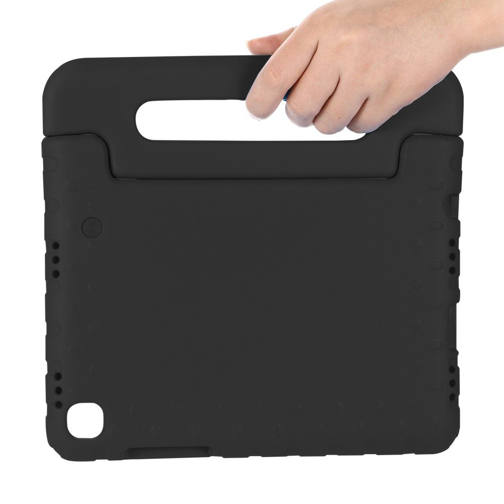 Black tablet case with a handle, held by a hand. It has a handle and protection.