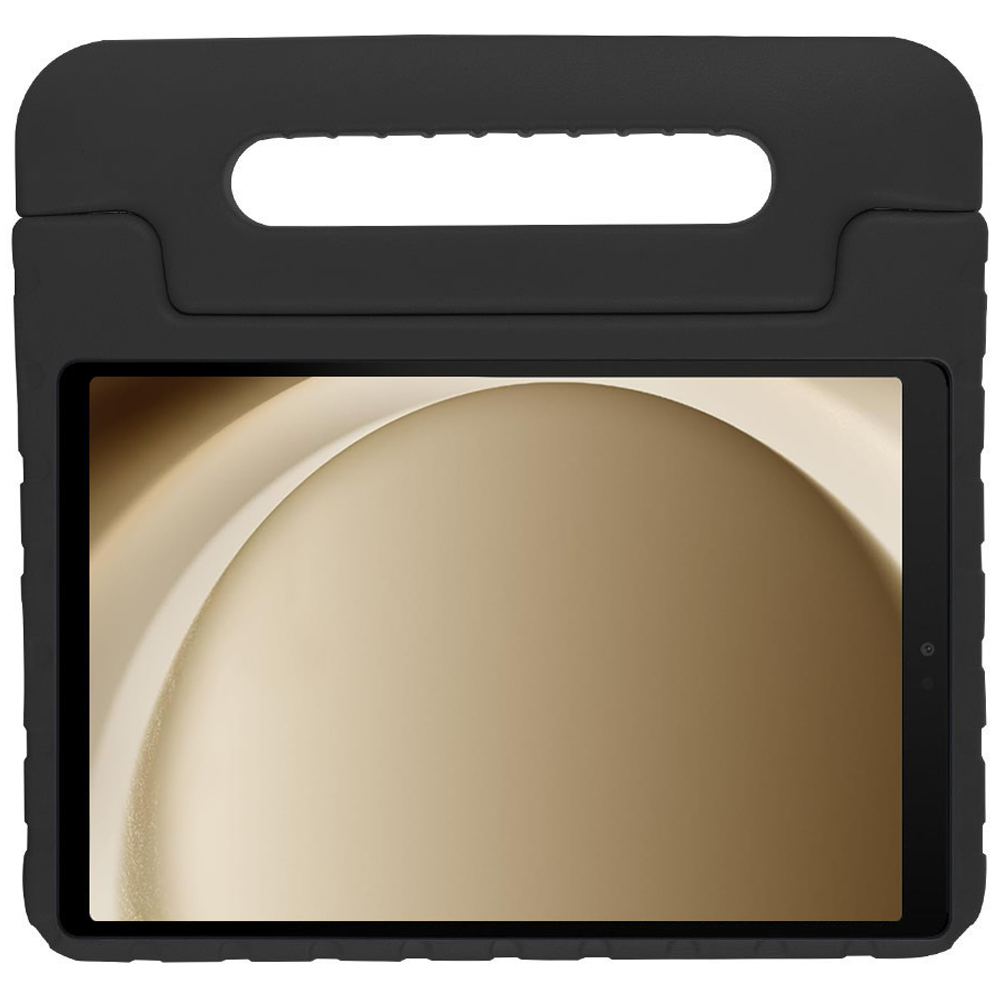 A black protective case holding a tablet. The screen shows a beige background.
