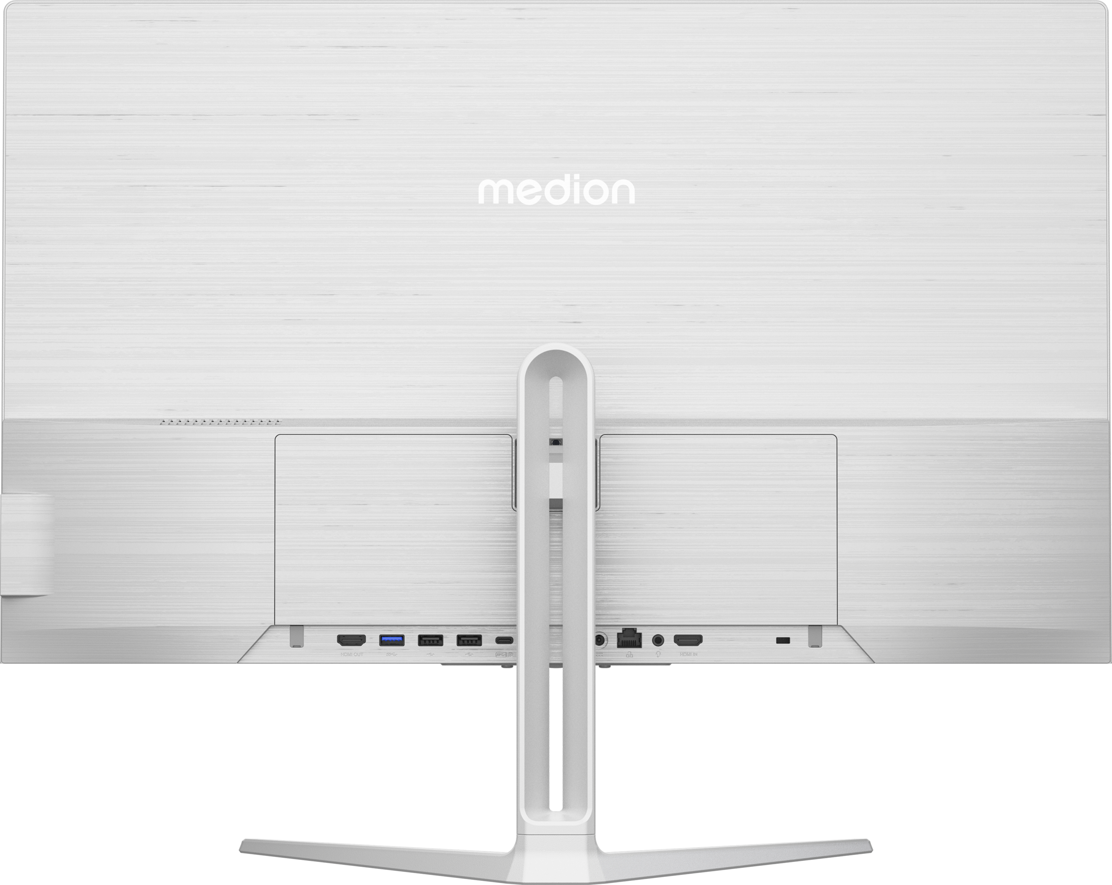 Rückansicht eines weißen Computermonitors. Mehrere Anschlüsse und Ständer, Medion-Logo sichtbar.